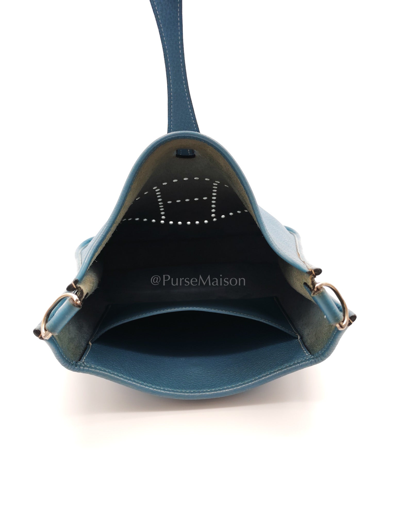 Evelyne PM Blue Jean in Clemence Leather and Palladium Hardware Stamp Square I (2005) | Purse Maison Luxury Bags Shop