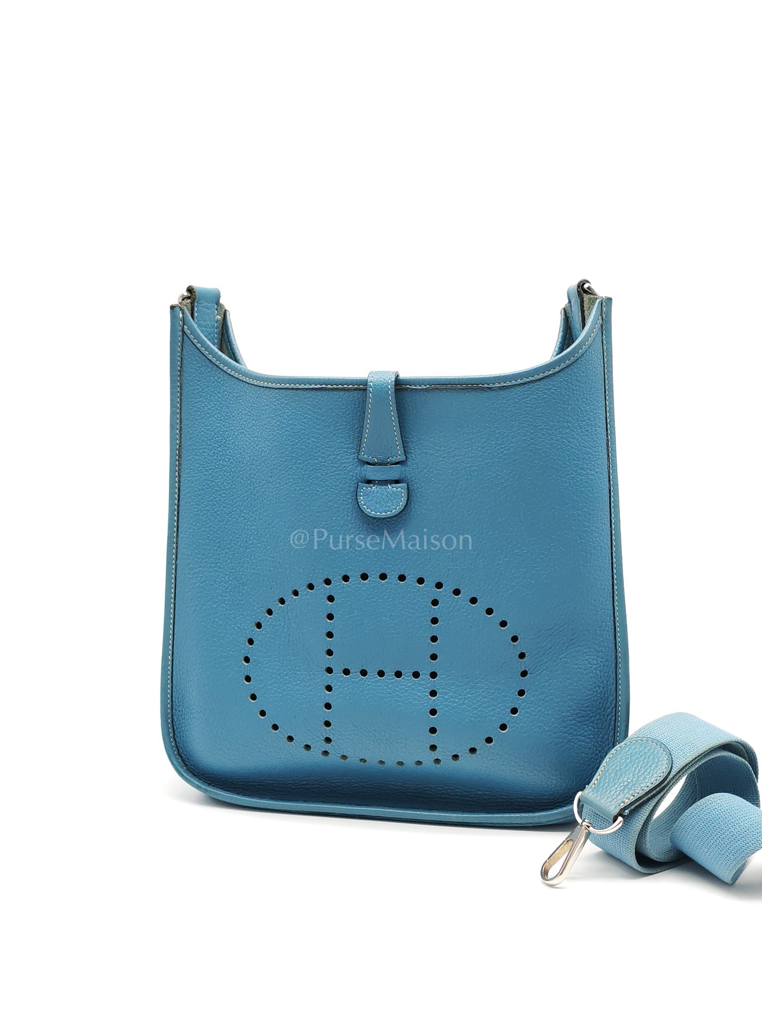 Evelyne PM Blue Jean in Clemence Leather and Palladium Hardware Stamp Square I (2005) | Purse Maison Luxury Bags Shop