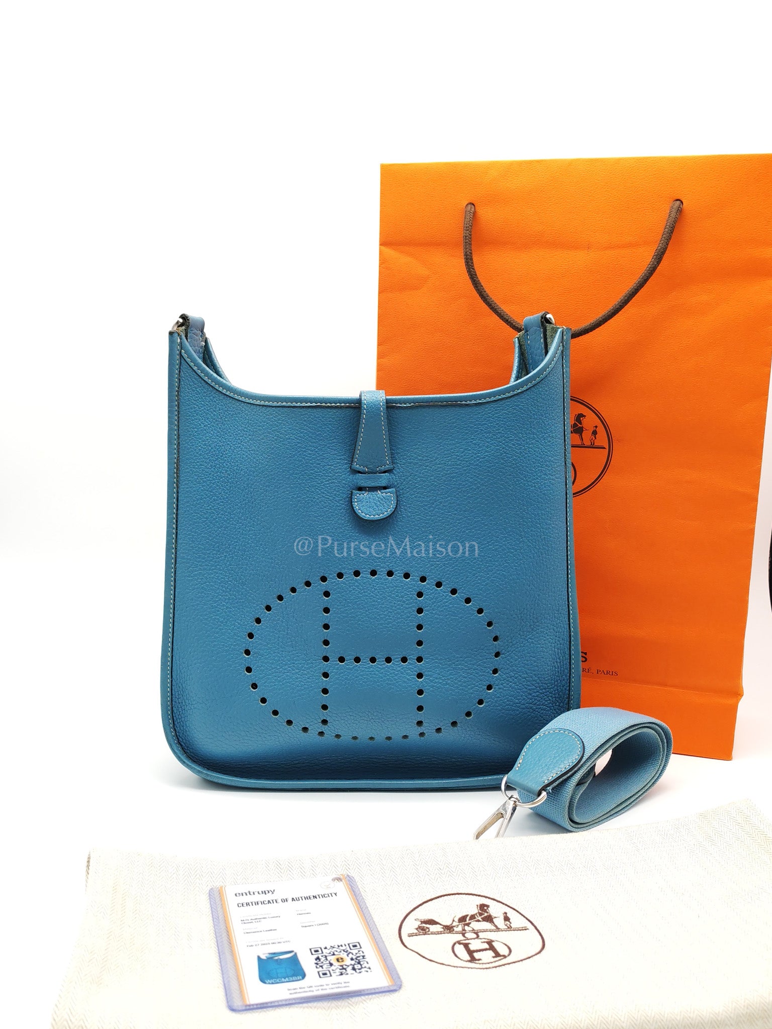 Evelyne PM Blue Jean in Clemence Leather and Palladium Hardware Stamp Square I (2005) | Purse Maison Luxury Bags Shop