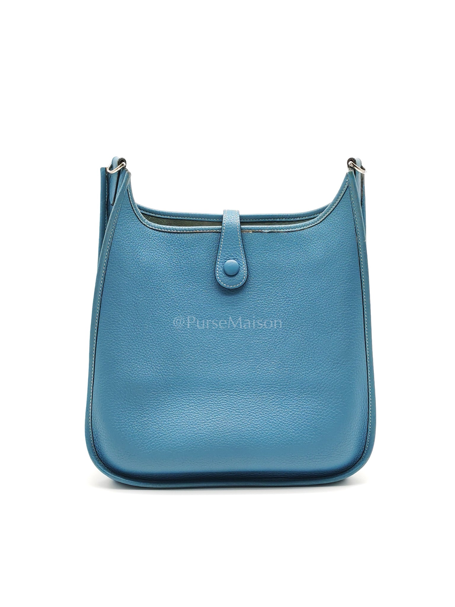 Evelyne PM Blue Jean in Clemence Leather and Palladium Hardware Stamp Square I (2005) | Purse Maison Luxury Bags Shop