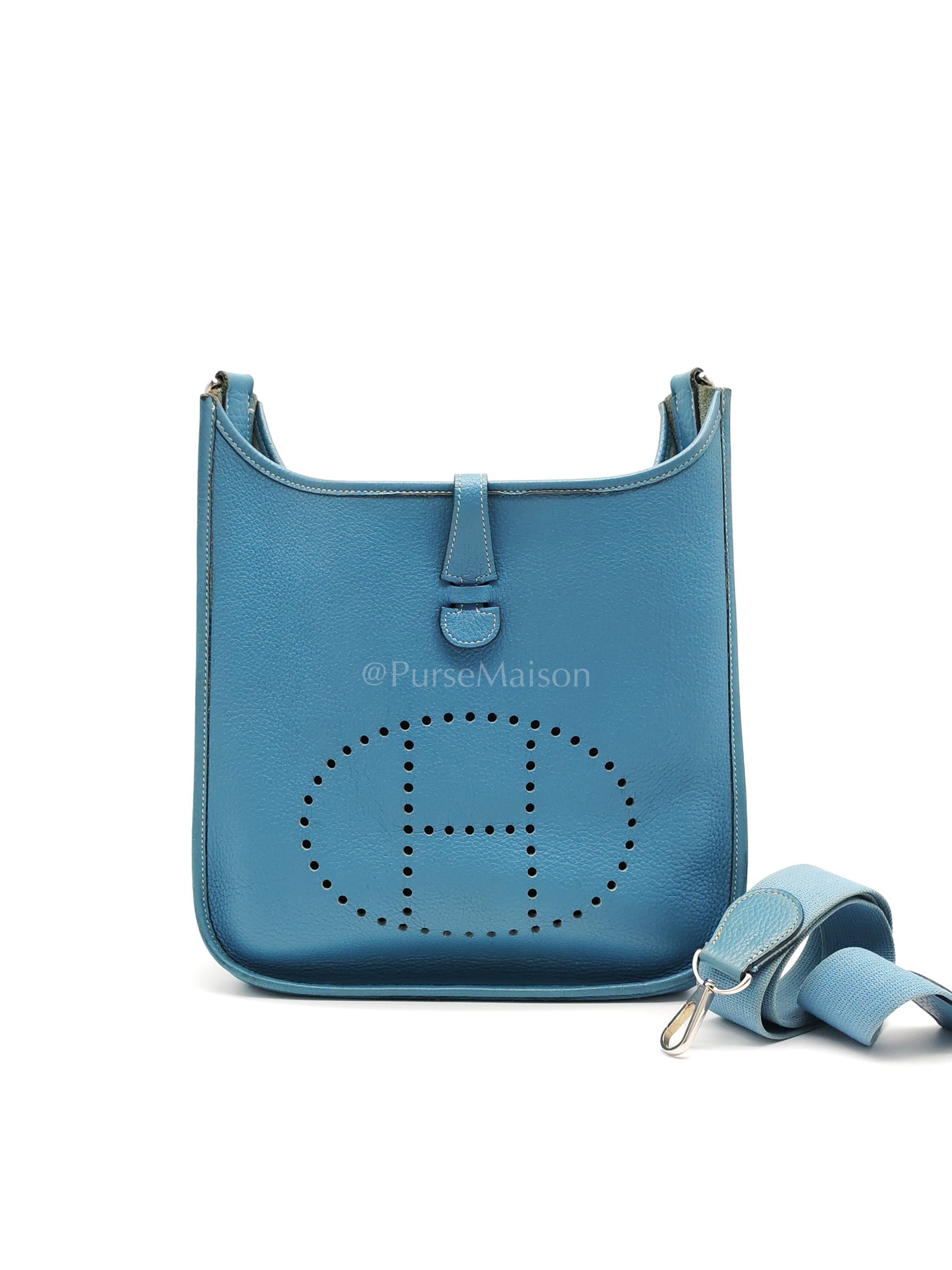 Evelyne PM Blue Jean in Clemence Leather and Palladium Hardware Stamp Square I (2005) | Purse Maison Luxury Bags Shop