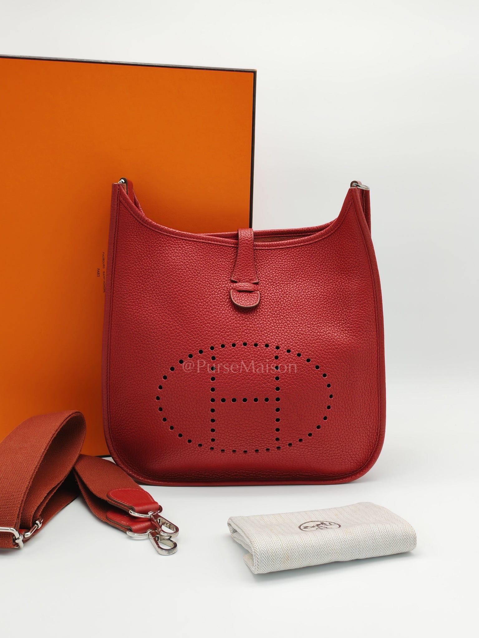 Evelyne PM Red Celemence Leather and Palladium Hardware Stamp R Square (2014) | Purse Maison Luxury Bags Shop