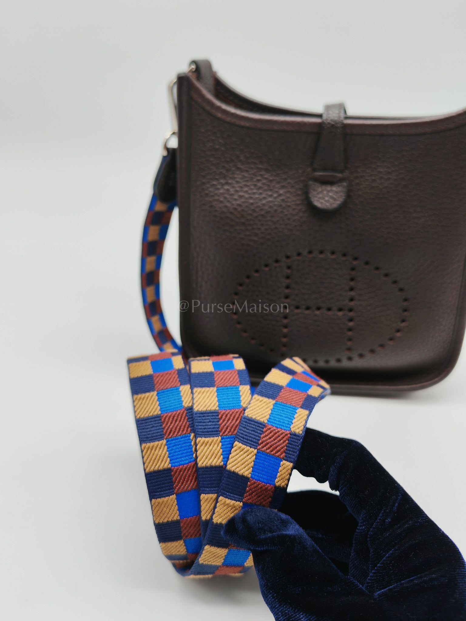 Evelyne TPM Ebene Clemence Leather in Palladium Hardware and Multicolor Maxi Quadrille Strap Stamp U (2022) | Purse Maison Luxury Bags Shop