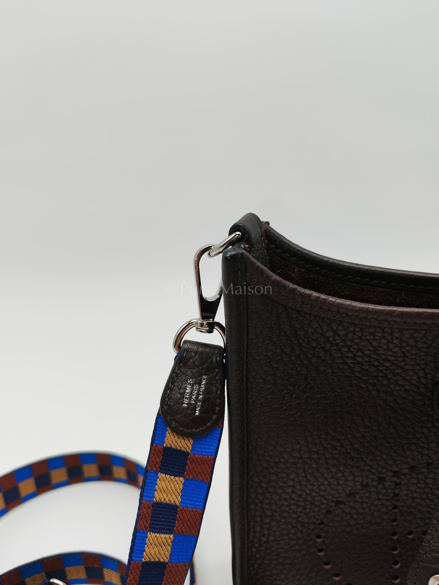 Evelyne TPM Ebene Clemence Leather in Palladium Hardware and Multicolor Maxi Quadrille Strap Stamp U (2022) | Purse Maison Luxury Bags Shop