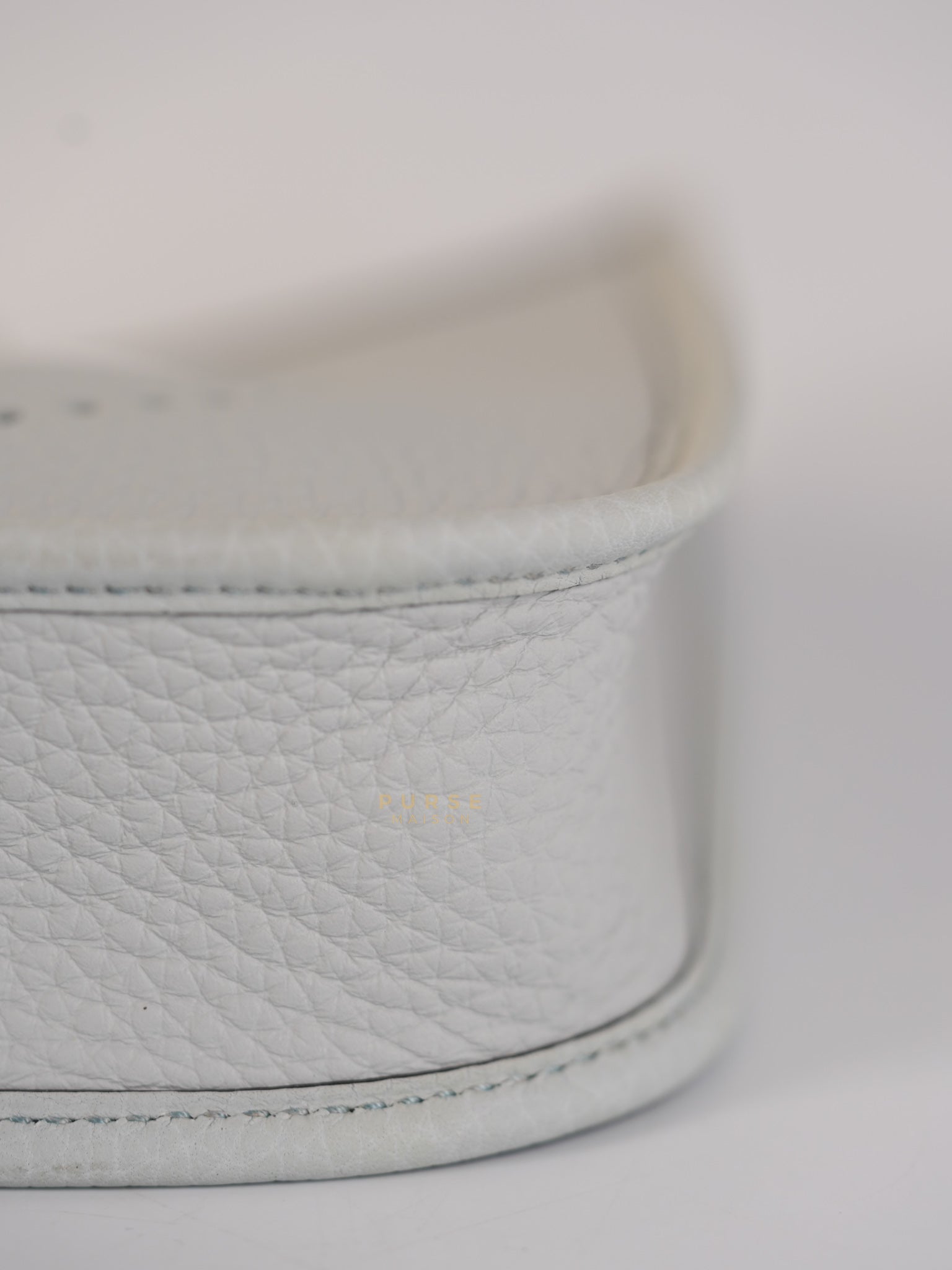 Evelyne TPM in Bleu Pale Taurillon Clemence Leather in Gold Hardware Stamp W (2024) | Purse Maison Luxury Bags Shop