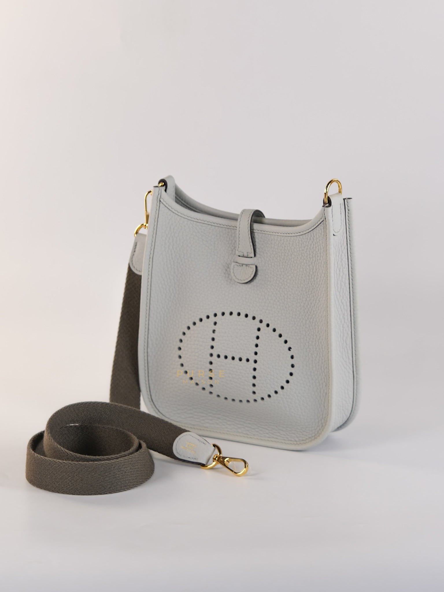 Evelyne TPM in Bleu Pale Taurillon Clemence Leather in Gold Hardware Stamp W (2024) | Purse Maison Luxury Bags Shop