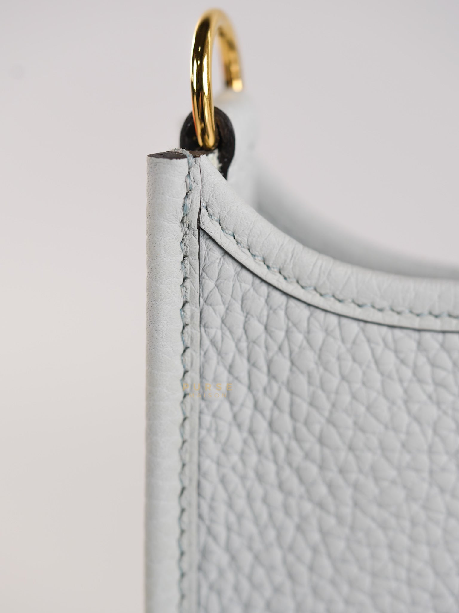 Evelyne TPM in Bleu Pale Taurillon Clemence Leather in Gold Hardware Stamp W (2024) | Purse Maison Luxury Bags Shop