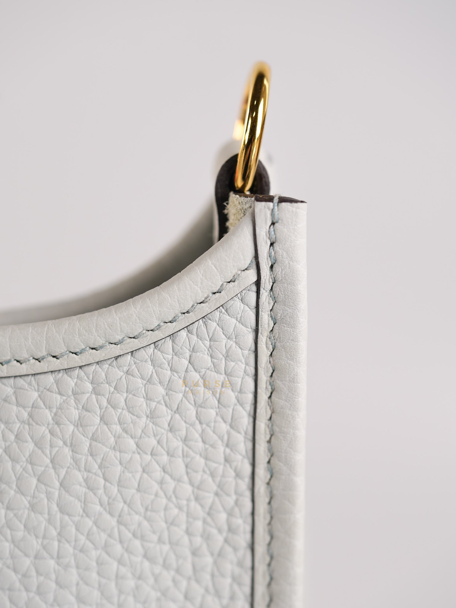 Evelyne TPM in Bleu Pale Taurillon Clemence Leather in Gold Hardware Stamp W (2024) | Purse Maison Luxury Bags Shop