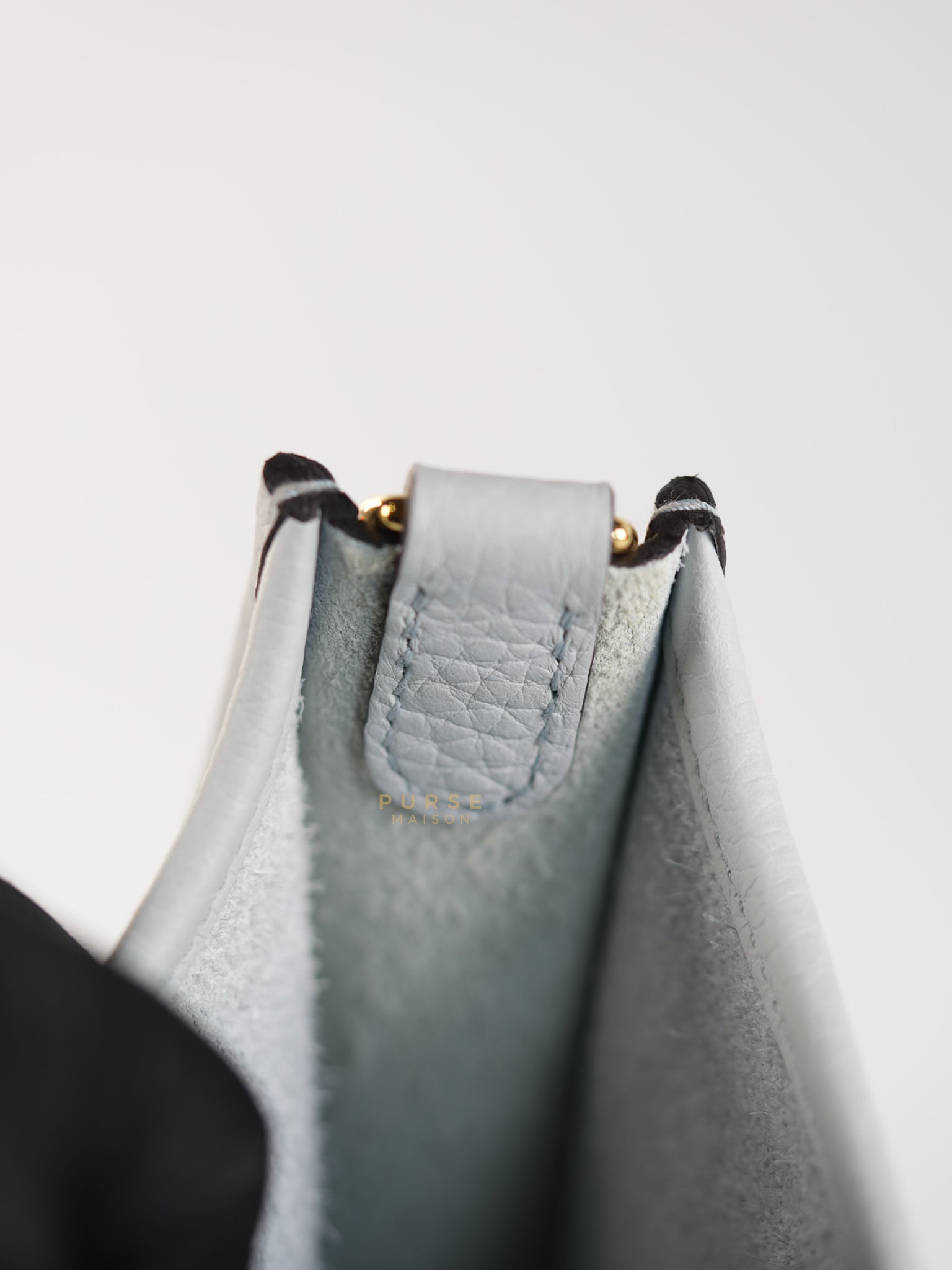 Evelyne TPM in Bleu Pale Taurillon Clemence Leather in Gold Hardware Stamp W (2024) | Purse Maison Luxury Bags Shop