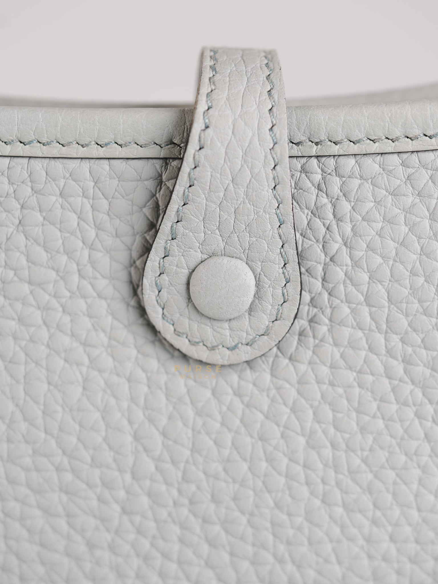 Evelyne TPM in Bleu Pale Taurillon Clemence Leather in Gold Hardware Stamp W (2024) | Purse Maison Luxury Bags Shop