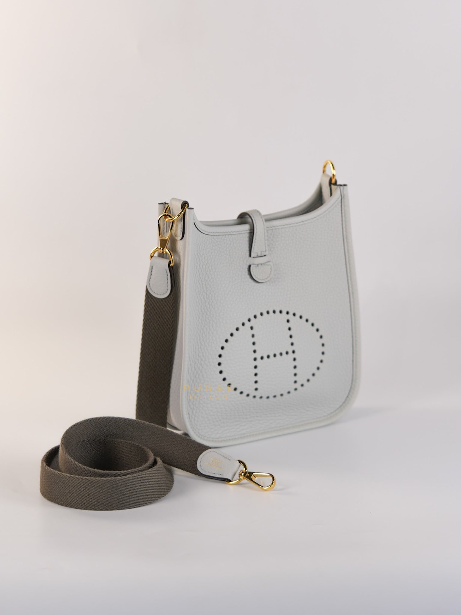 Evelyne TPM in Bleu Pale Taurillon Clemence Leather in Gold Hardware Stamp W (2024) | Purse Maison Luxury Bags Shop