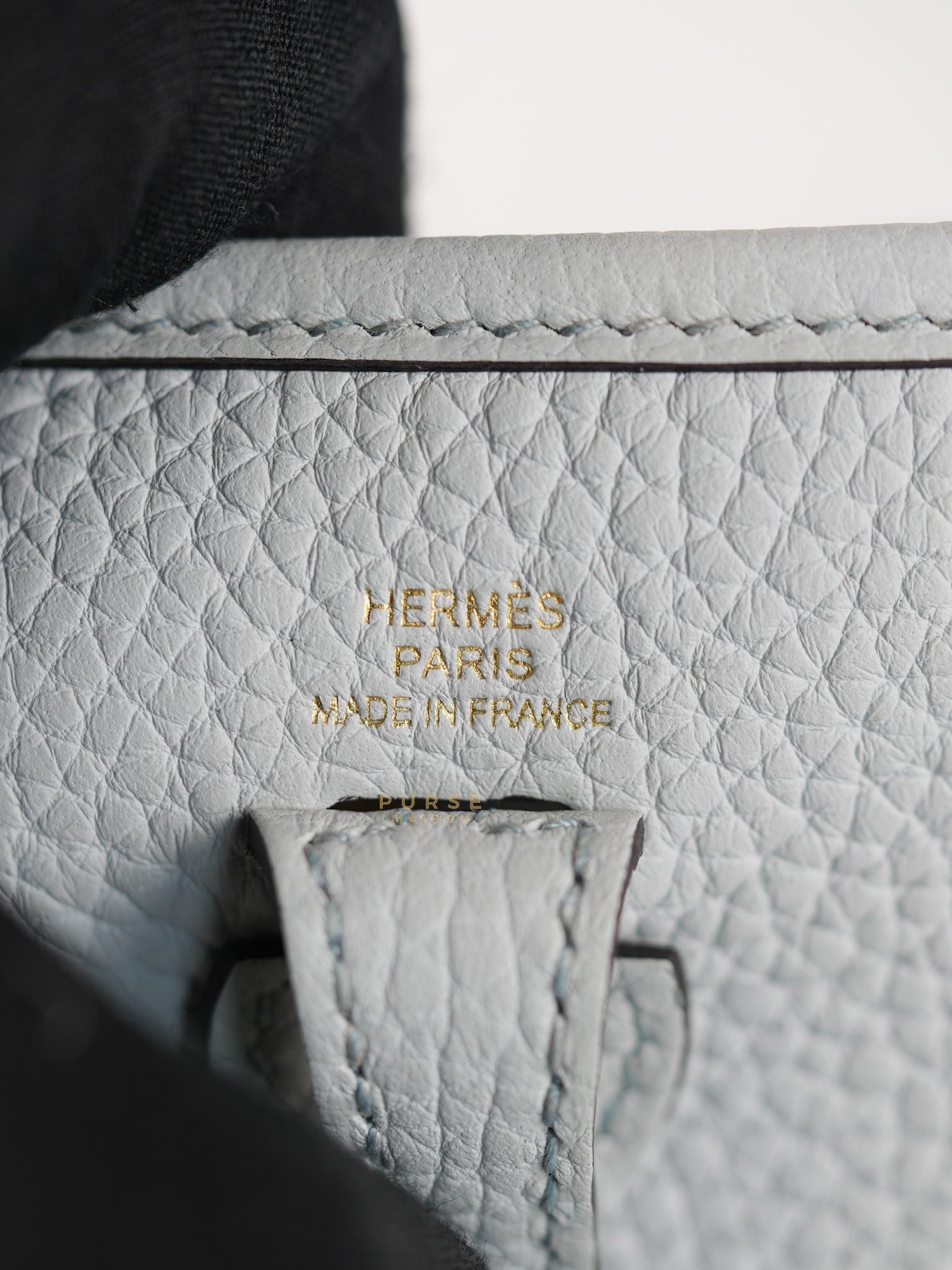 Evelyne TPM in Bleu Pale Taurillon Clemence Leather in Gold Hardware Stamp W (2024) | Purse Maison Luxury Bags Shop