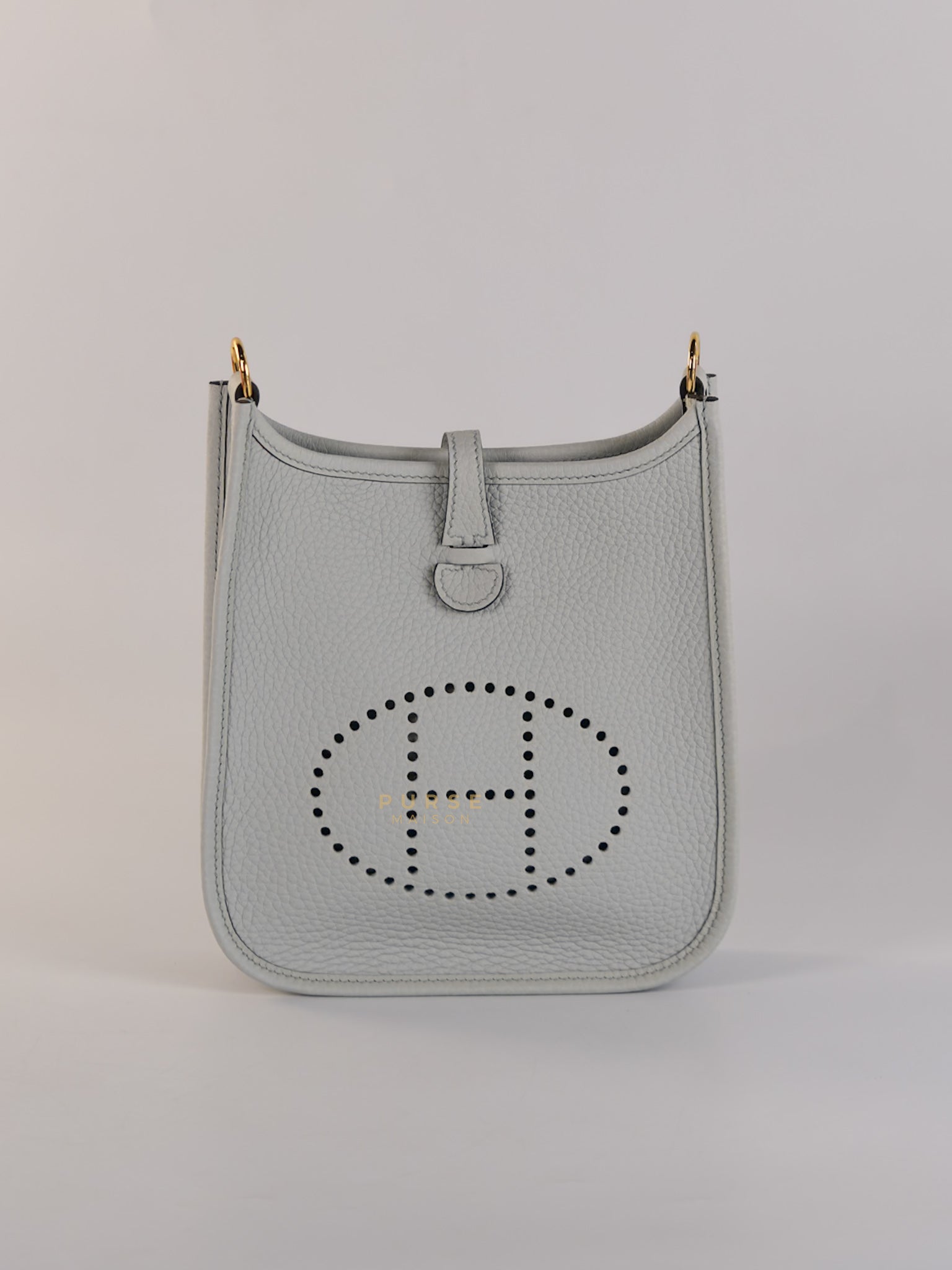 Evelyne TPM in Bleu Pale Taurillon Clemence Leather in Gold Hardware Stamp W (2024) | Purse Maison Luxury Bags Shop