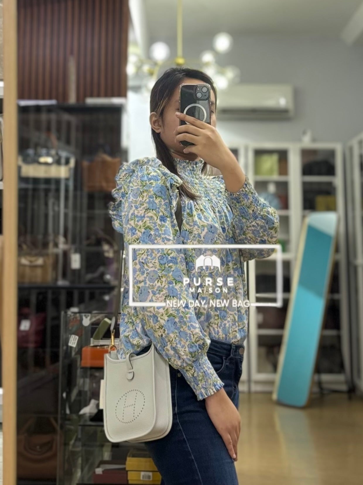 Evelyne TPM in Bleu Pale Taurillon Clemence Leather in Gold Hardware Stamp W (2024) | Purse Maison Luxury Bags Shop