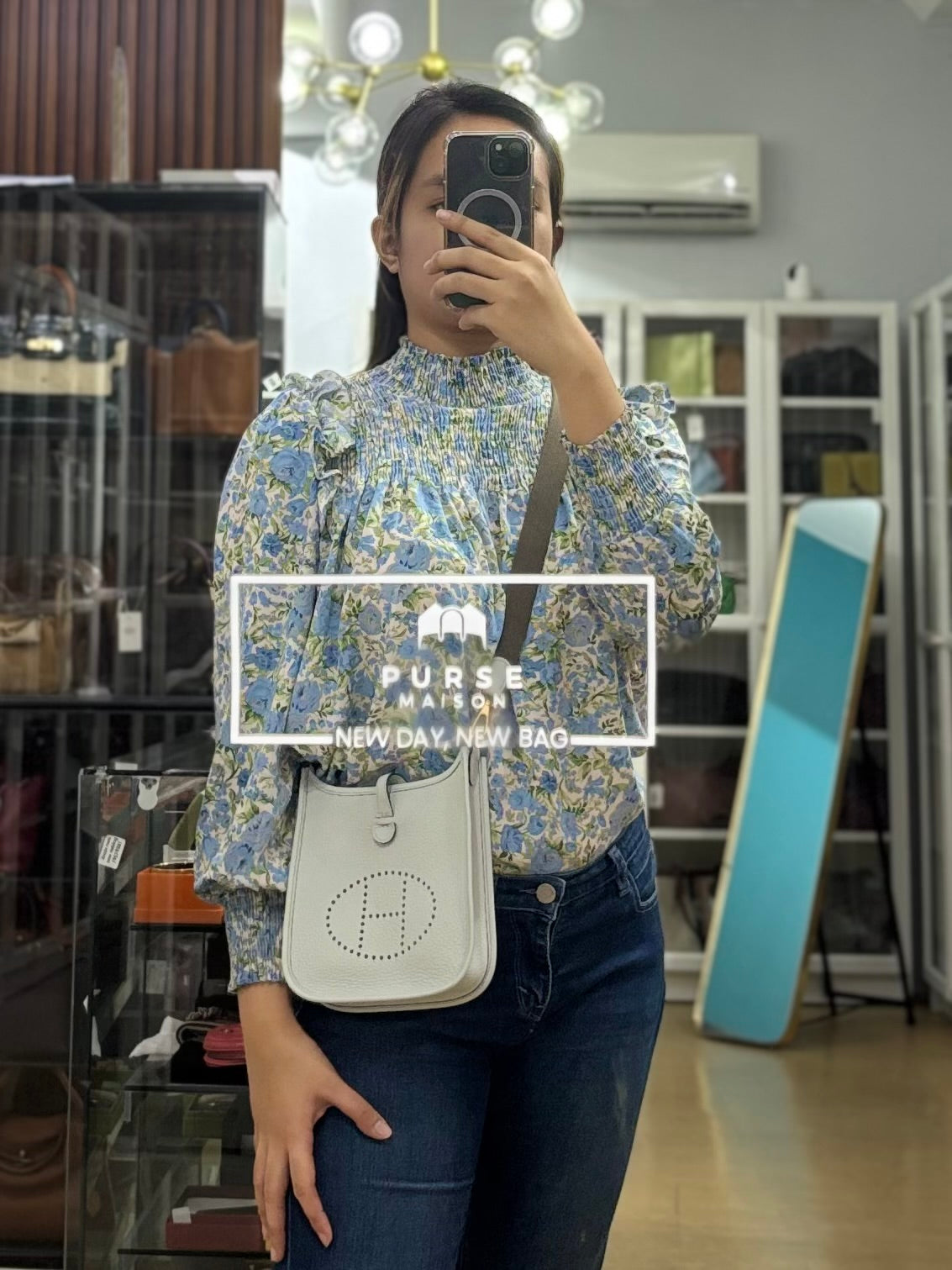 Evelyne TPM in Bleu Pale Taurillon Clemence Leather in Gold Hardware Stamp W (2024) | Purse Maison Luxury Bags Shop