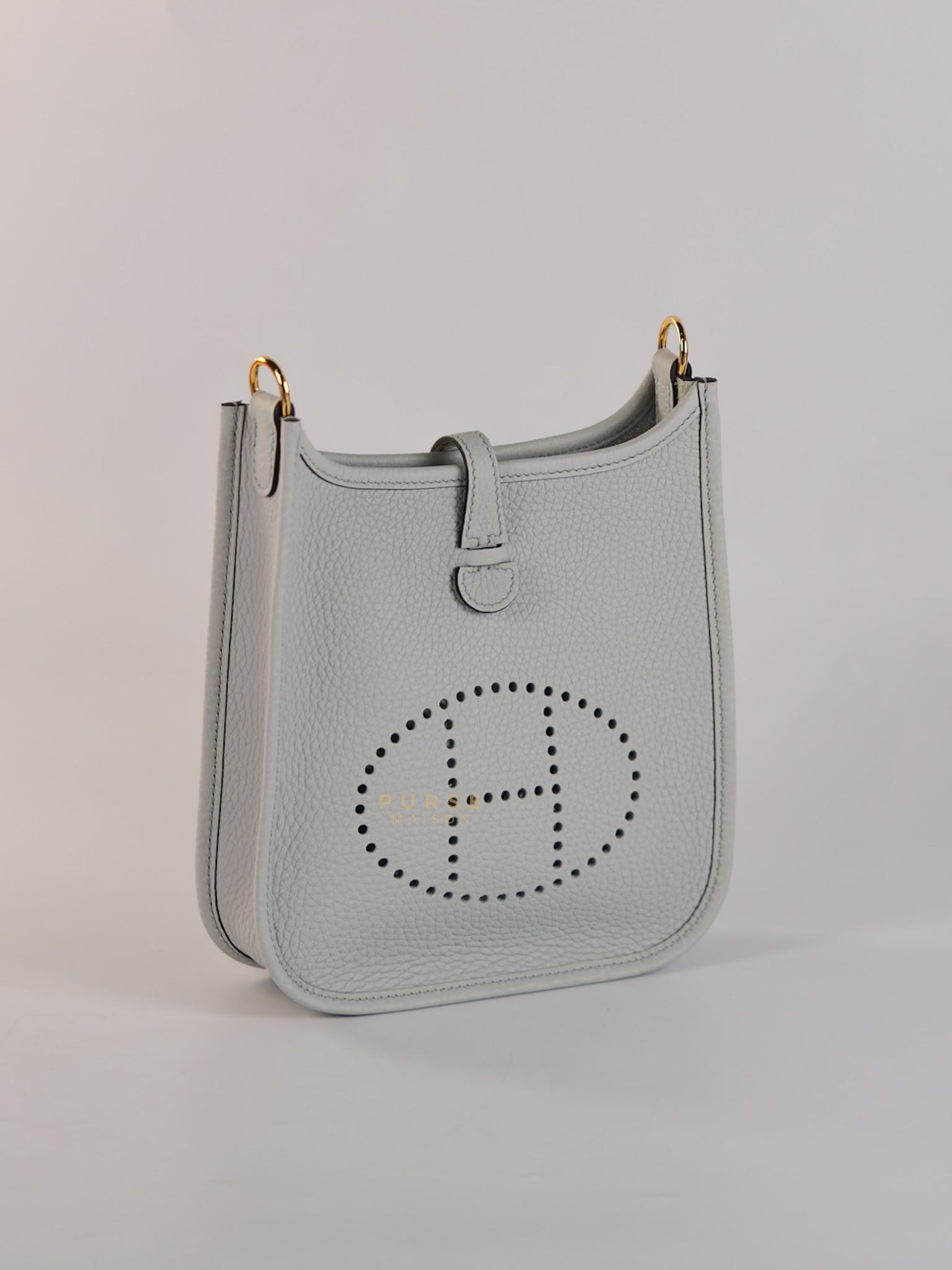 Evelyne TPM in Bleu Pale Taurillon Clemence Leather in Gold Hardware Stamp W (2024) | Purse Maison Luxury Bags Shop