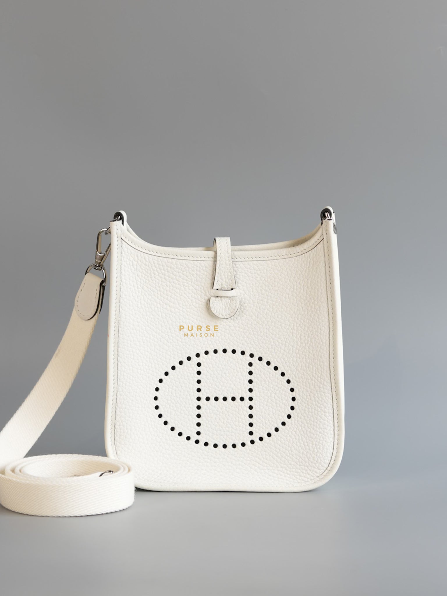 Evelyne TPM White Taurillon Clemence Leather and Palladium Hardware Stamp B | Purse Maison Luxury Bags Shop
