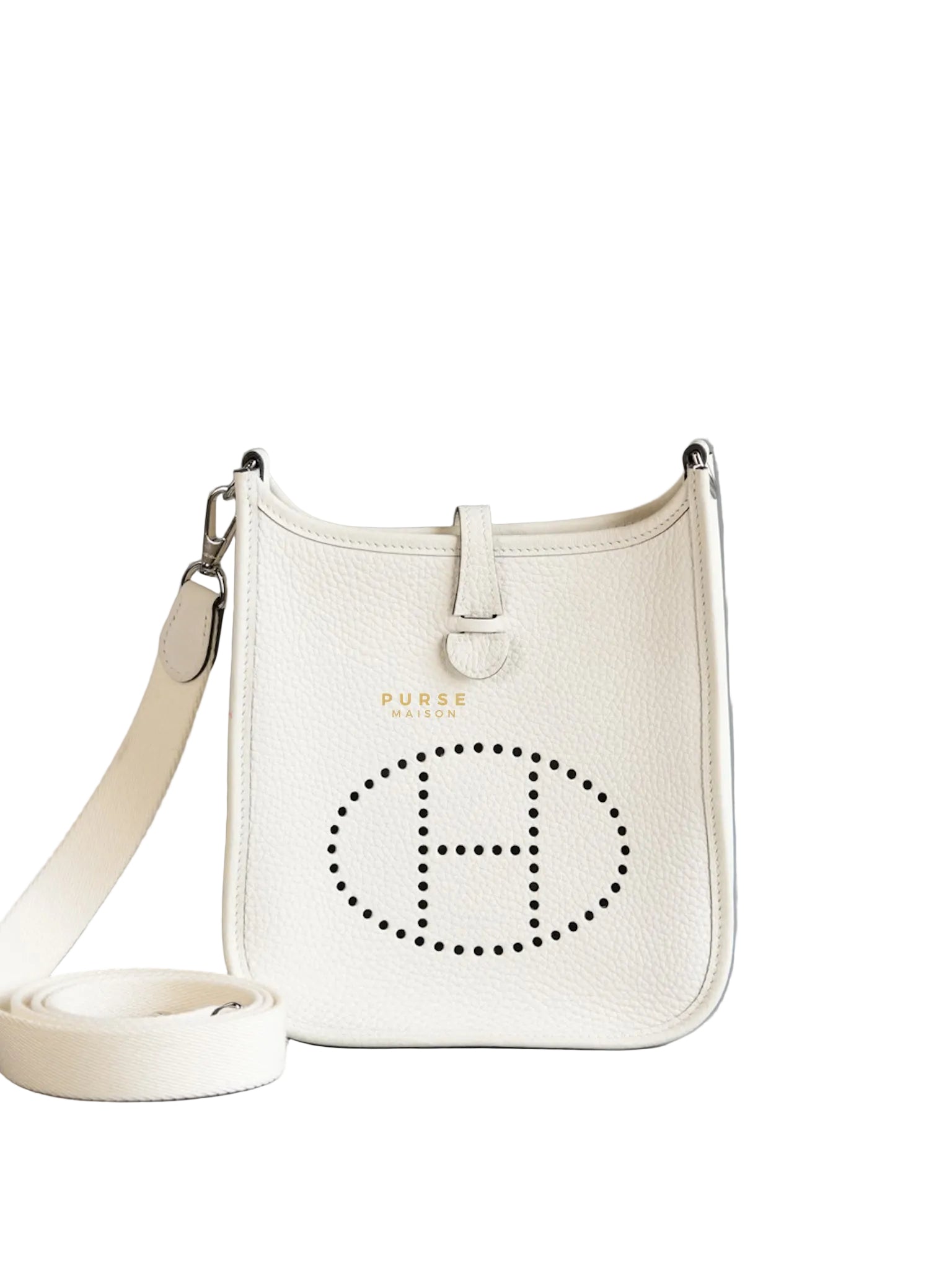 Evelyne TPM White Taurillon Clemence Leather and Palladium Hardware Stamp B | Purse Maison Luxury Bags Shop