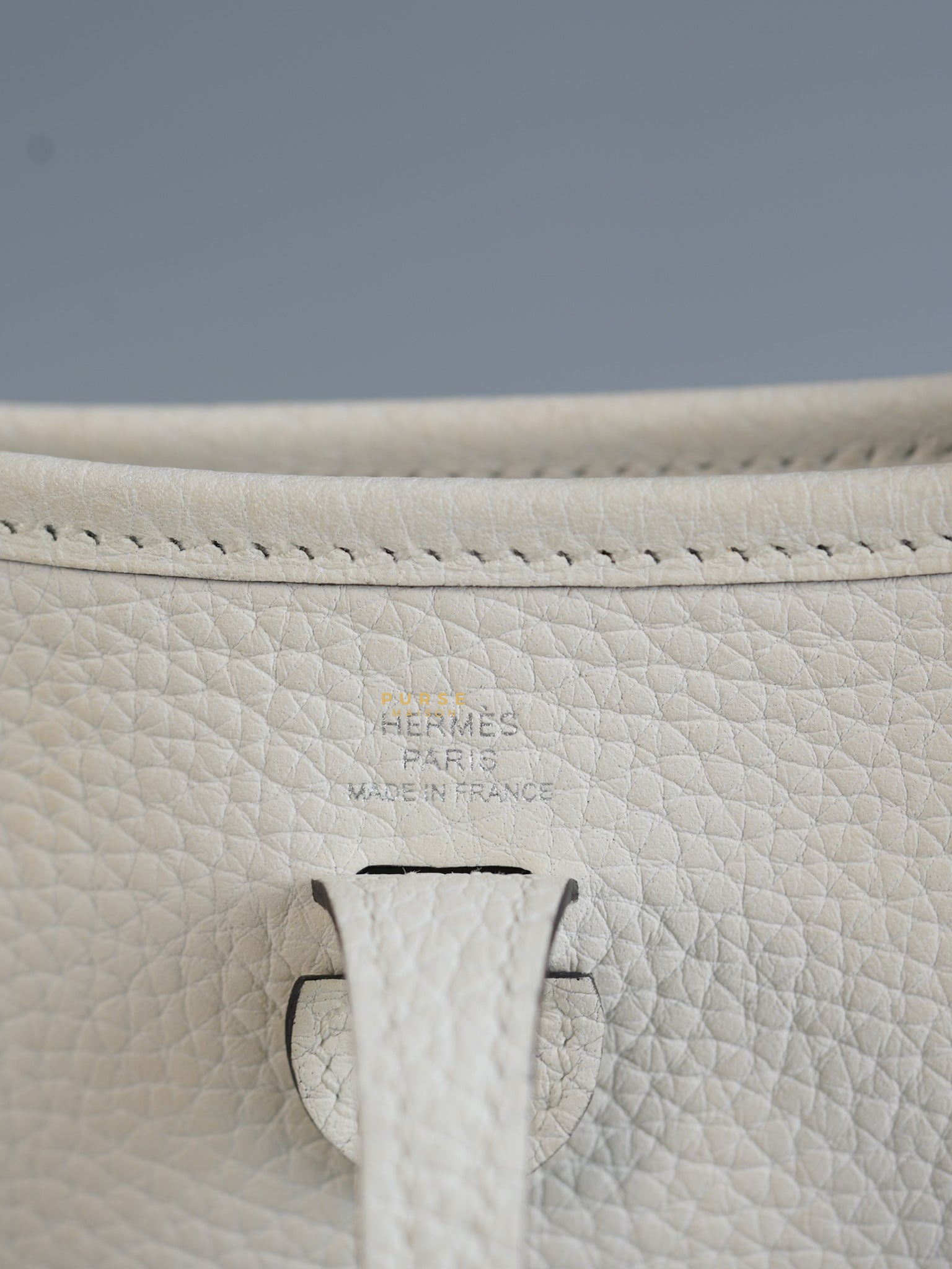 Evelyne TPM White Taurillon Clemence Leather and Palladium Hardware Stamp B | Purse Maison Luxury Bags Shop