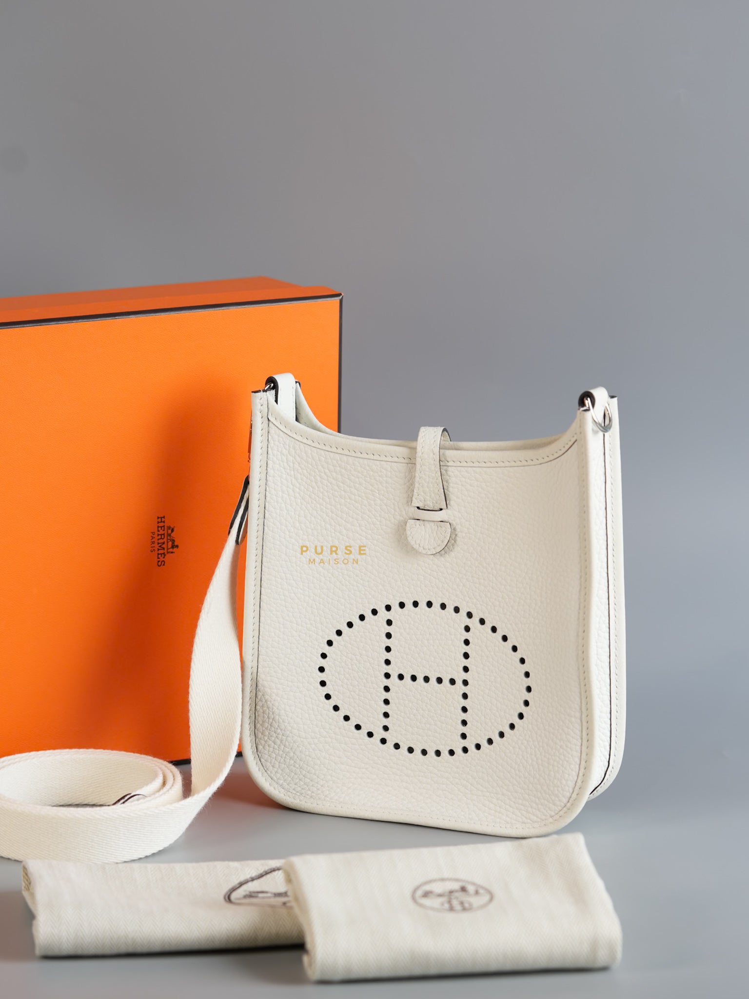 Evelyne TPM White Taurillon Clemence Leather and Palladium Hardware Stamp B | Purse Maison Luxury Bags Shop