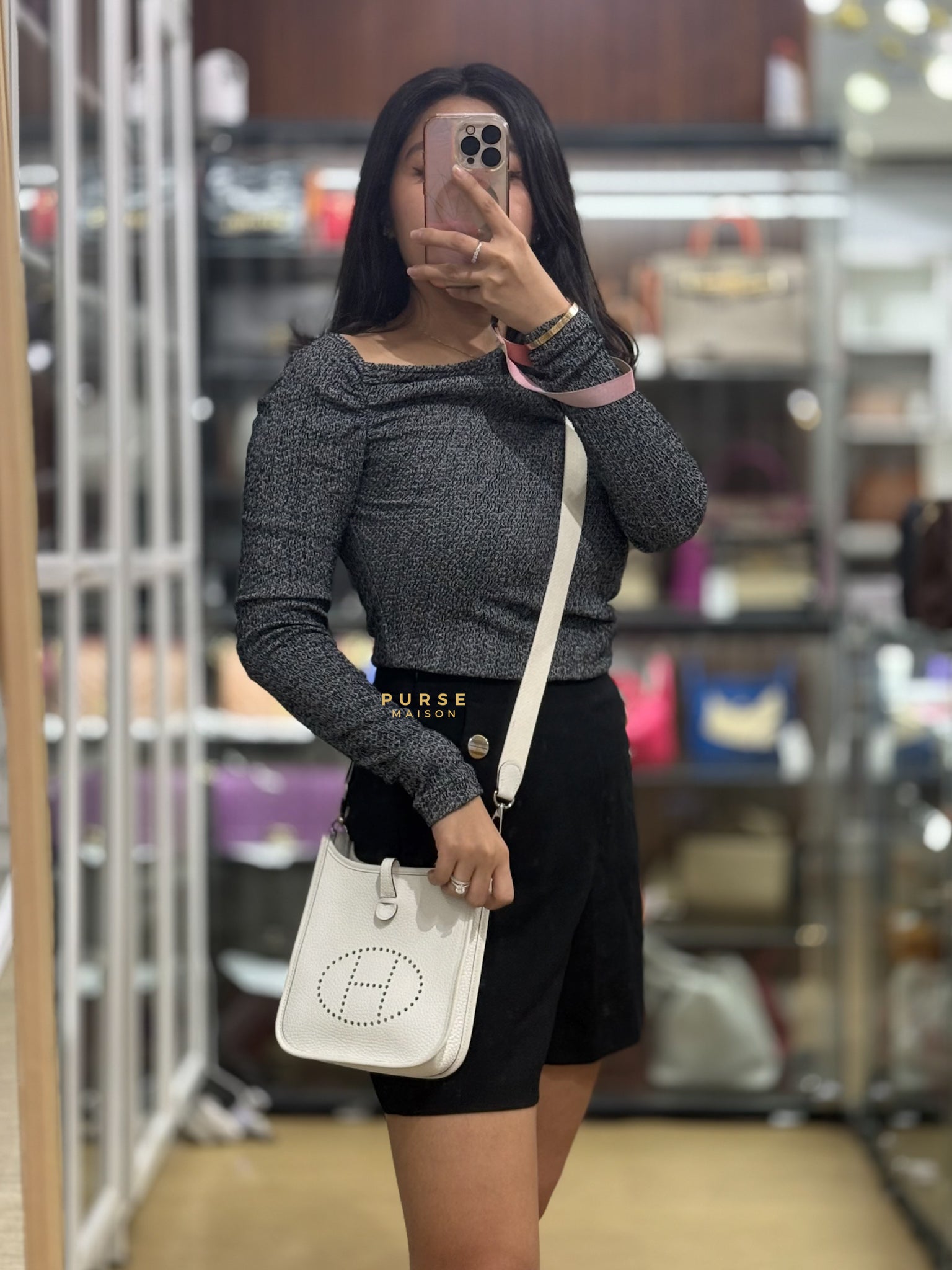 Evelyne TPM White Taurillon Clemence Leather and Palladium Hardware Stamp B | Purse Maison Luxury Bags Shop