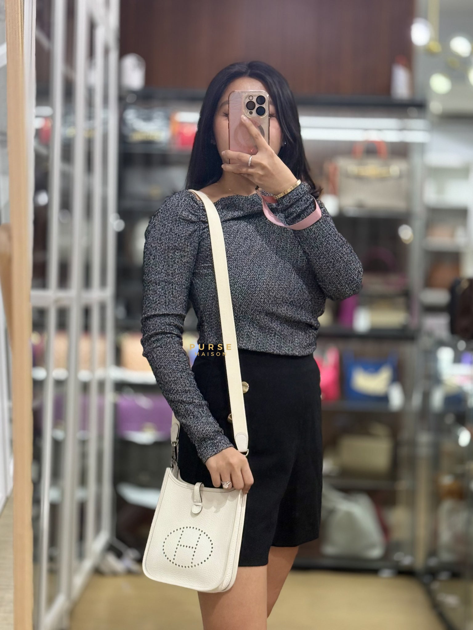 Evelyne TPM White Taurillon Clemence Leather and Palladium Hardware Stamp B | Purse Maison Luxury Bags Shop