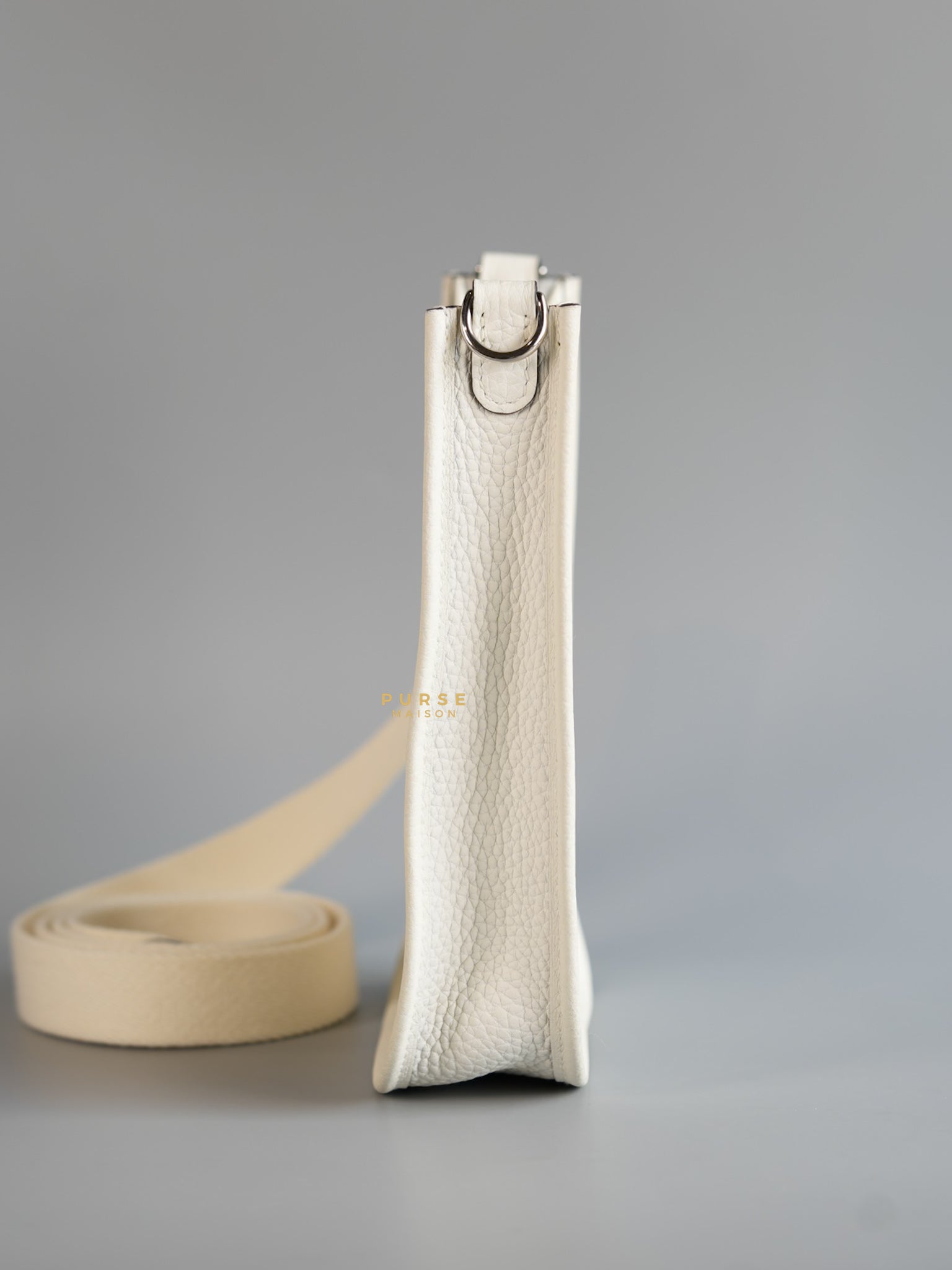 Evelyne TPM White Taurillon Clemence Leather and Palladium Hardware Stamp B | Purse Maison Luxury Bags Shop