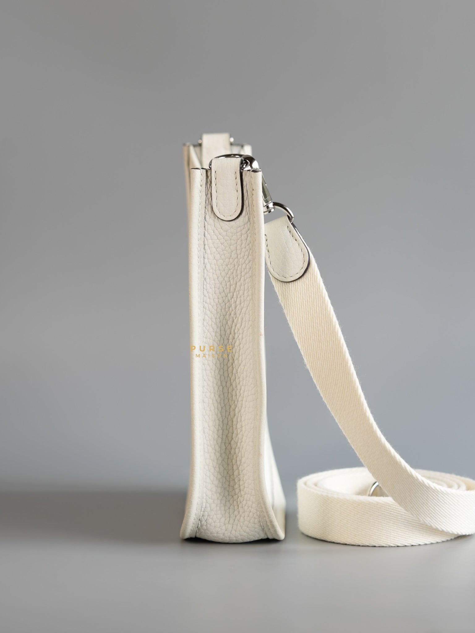 Evelyne TPM White Taurillon Clemence Leather and Palladium Hardware Stamp B | Purse Maison Luxury Bags Shop