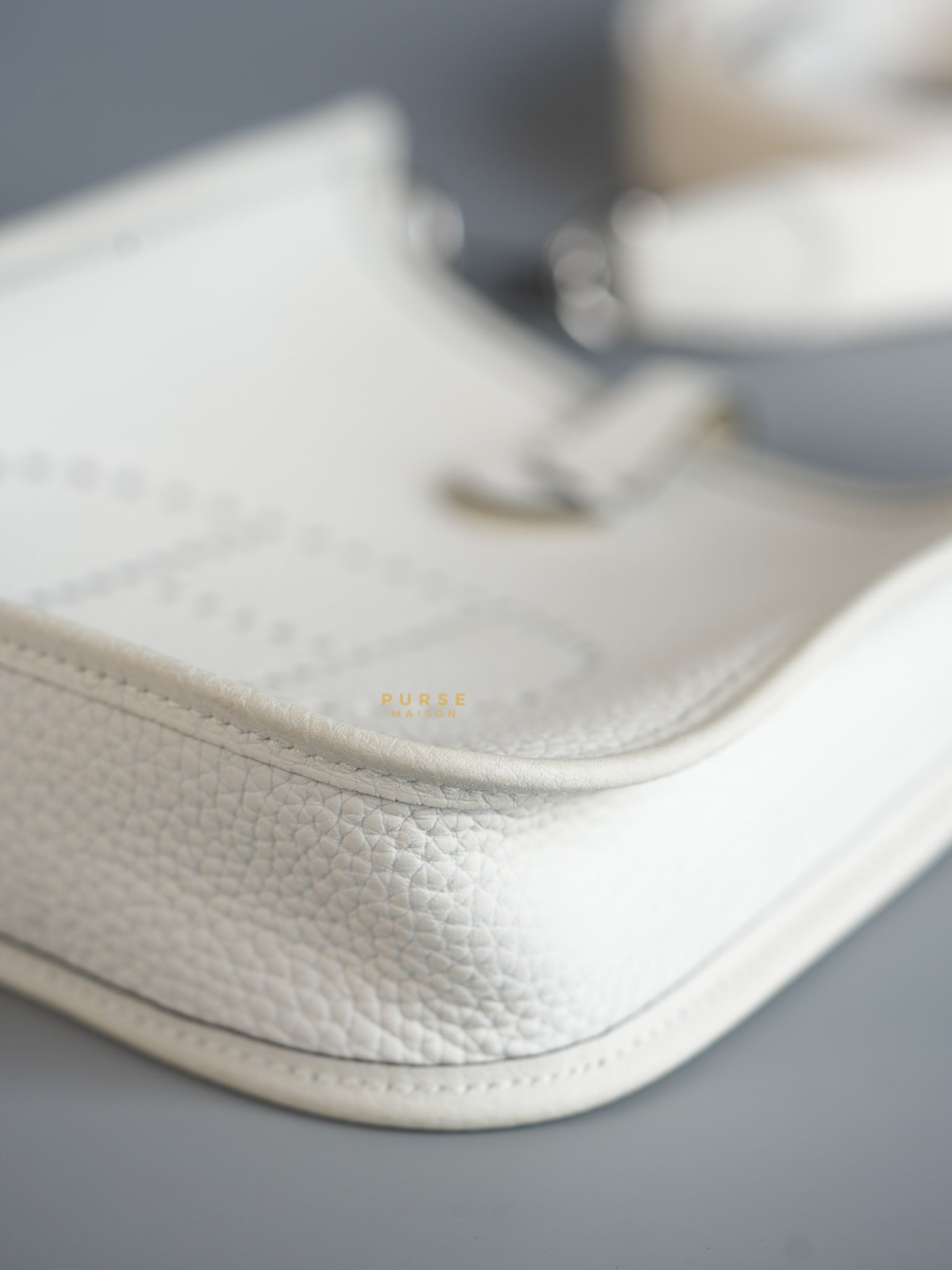 Evelyne TPM White Taurillon Clemence Leather and Palladium Hardware Stamp B | Purse Maison Luxury Bags Shop