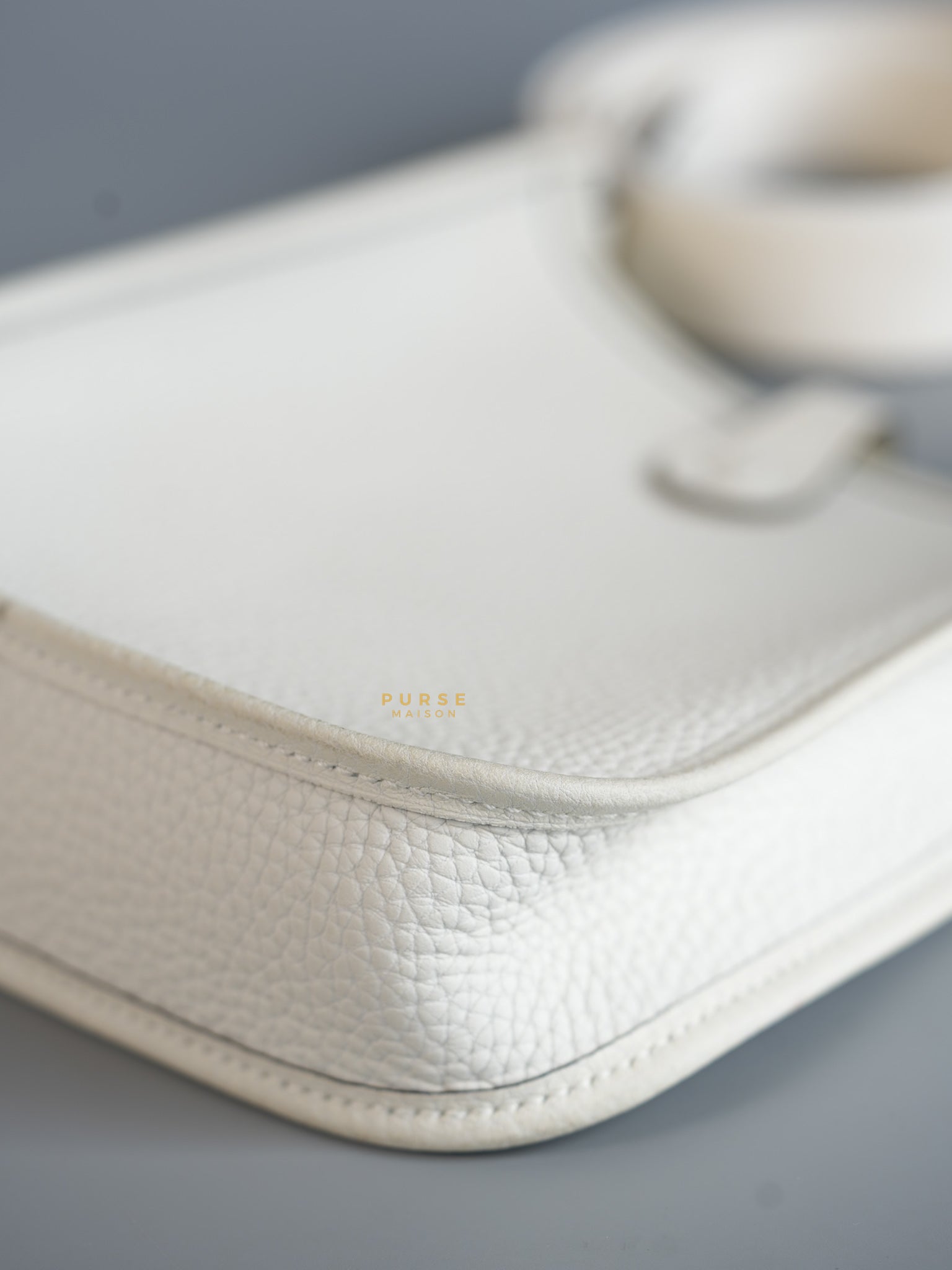 Evelyne TPM White Taurillon Clemence Leather and Palladium Hardware Stamp B | Purse Maison Luxury Bags Shop