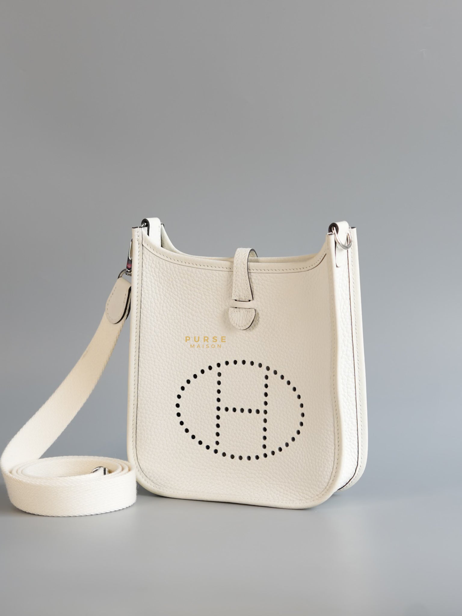 Evelyne TPM White Taurillon Clemence Leather and Palladium Hardware Stamp B | Purse Maison Luxury Bags Shop