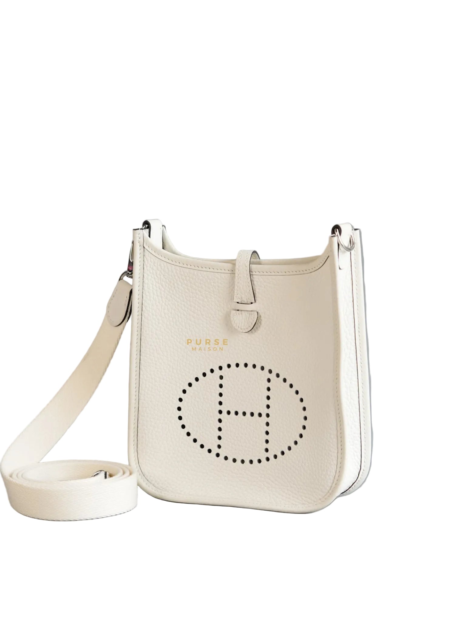 Evelyne TPM White Taurillon Clemence Leather and Palladium Hardware Stamp B | Purse Maison Luxury Bags Shop