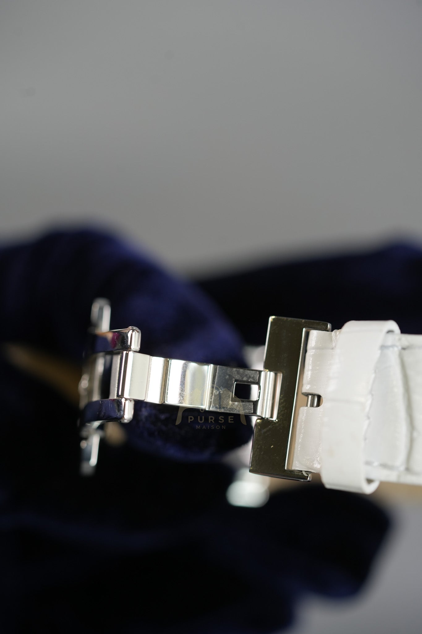 Evolution Mini Watch in Mother Pearl Dial & Diamond Steel Case on White Leather Strap | Purse Maison Luxury Bags Shop