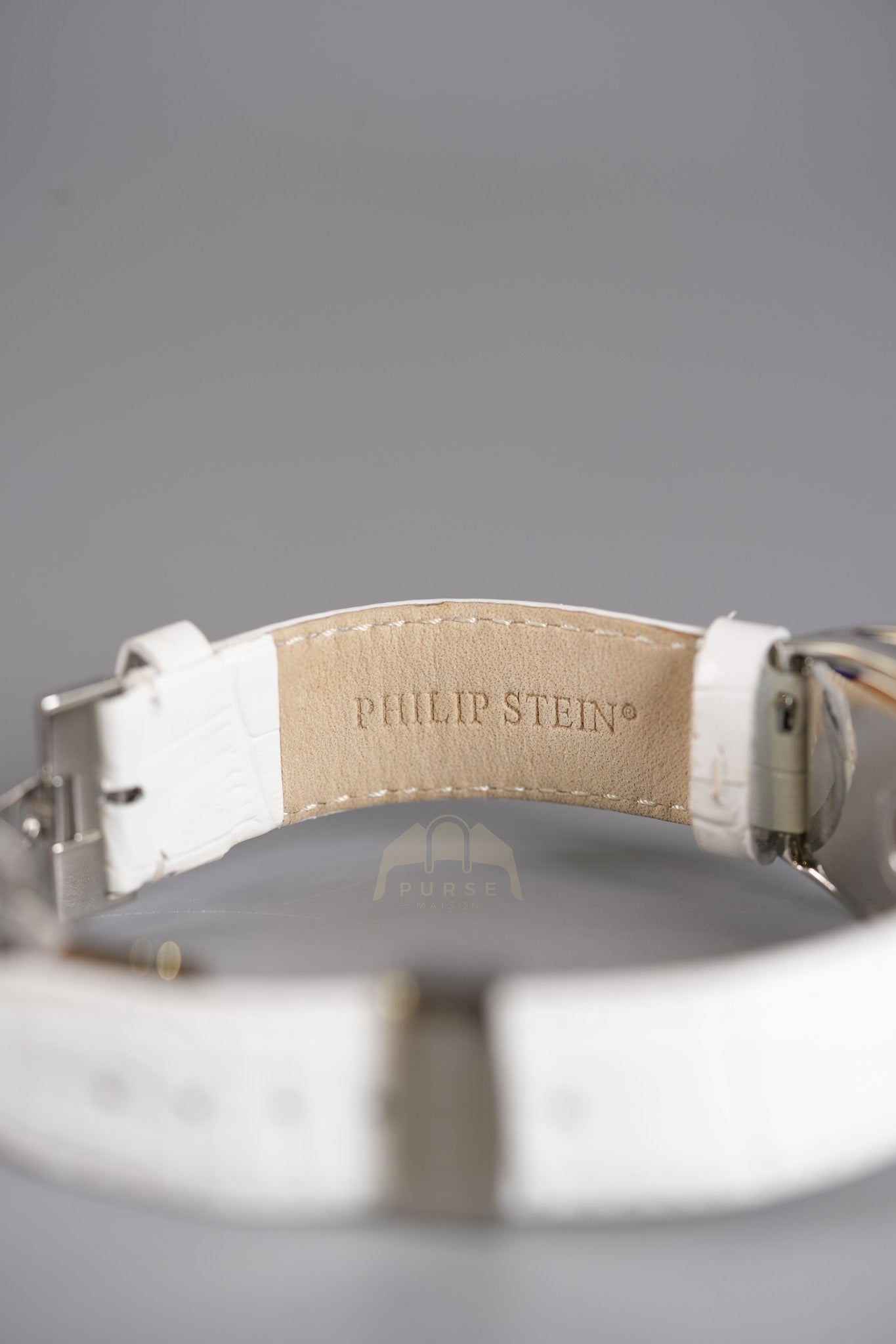 Evolution Mini Watch in Mother Pearl Dial & Diamond Steel Case on White Leather Strap | Purse Maison Luxury Bags Shop