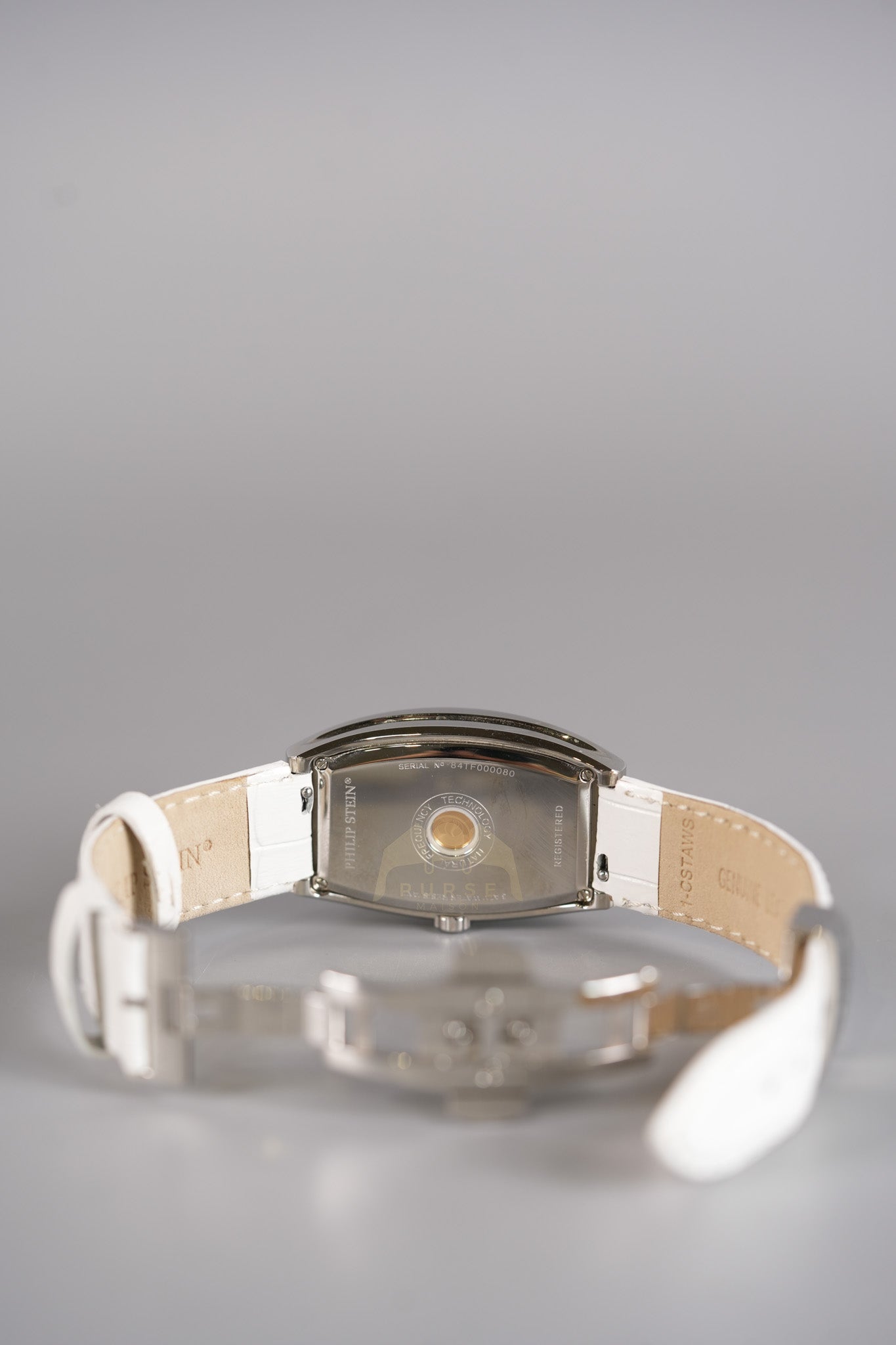 Evolution Mini Watch in Mother Pearl Dial & Diamond Steel Case on White Leather Strap | Purse Maison Luxury Bags Shop