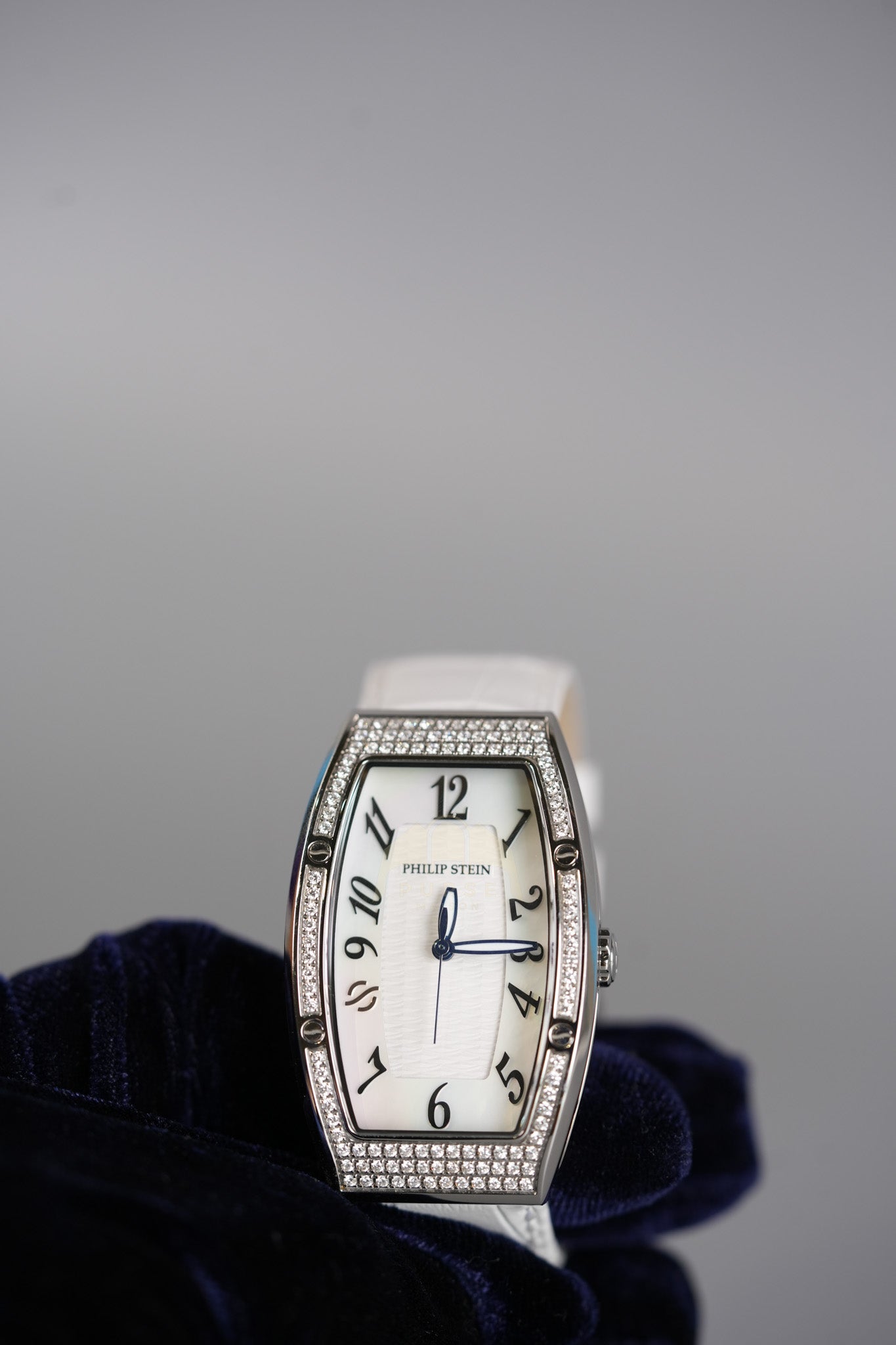 Evolution Mini Watch in Mother Pearl Dial & Diamond Steel Case on White Leather Strap | Purse Maison Luxury Bags Shop