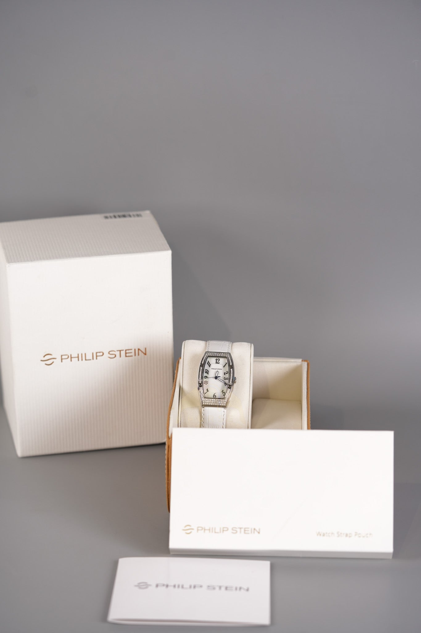 Evolution Mini Watch in Mother Pearl Dial & Diamond Steel Case on White Leather Strap | Purse Maison Luxury Bags Shop