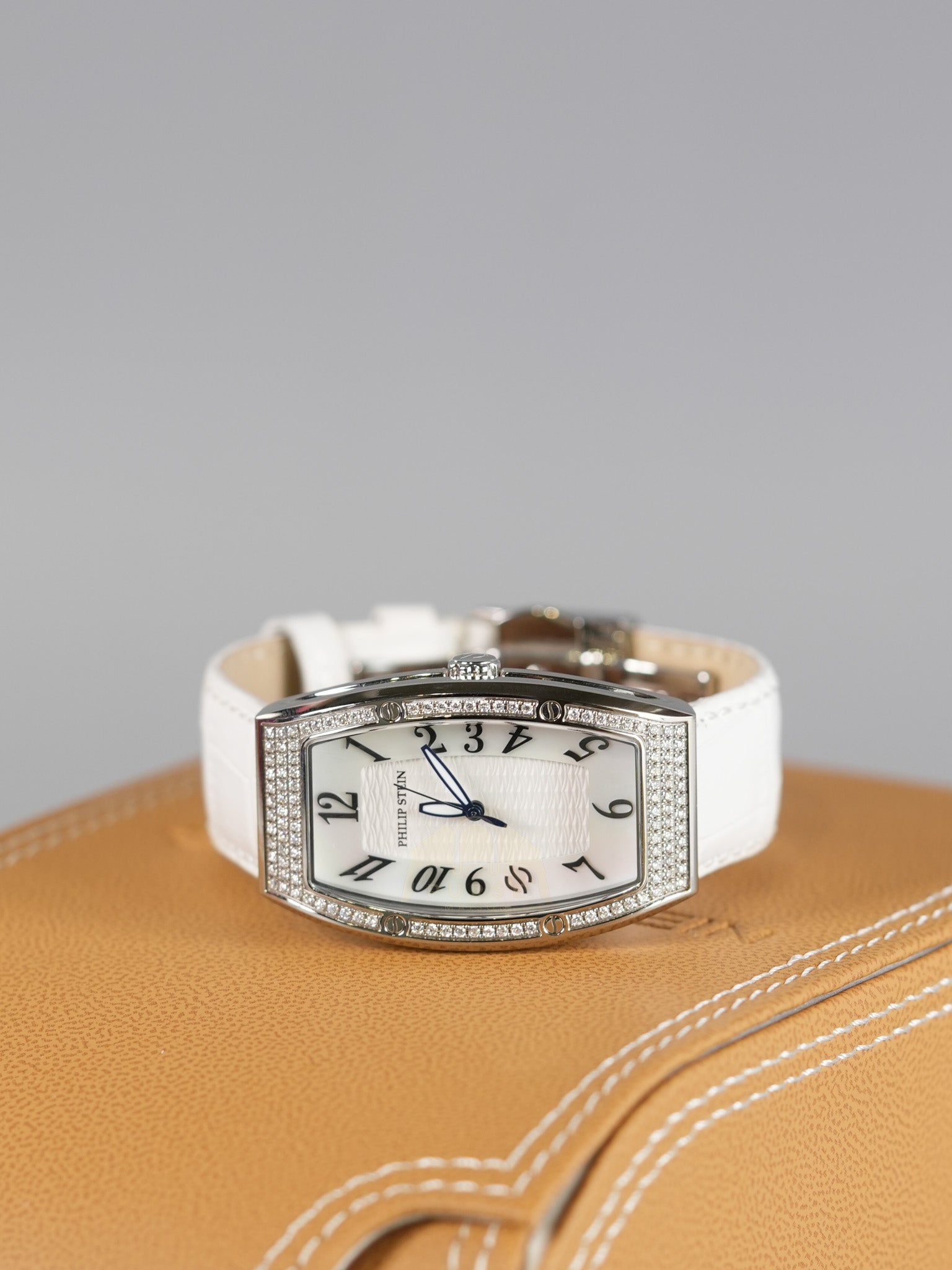 Evolution Mini Watch in Mother Pearl Dial & Diamond Steel Case on White Leather Strap | Purse Maison Luxury Bags Shop