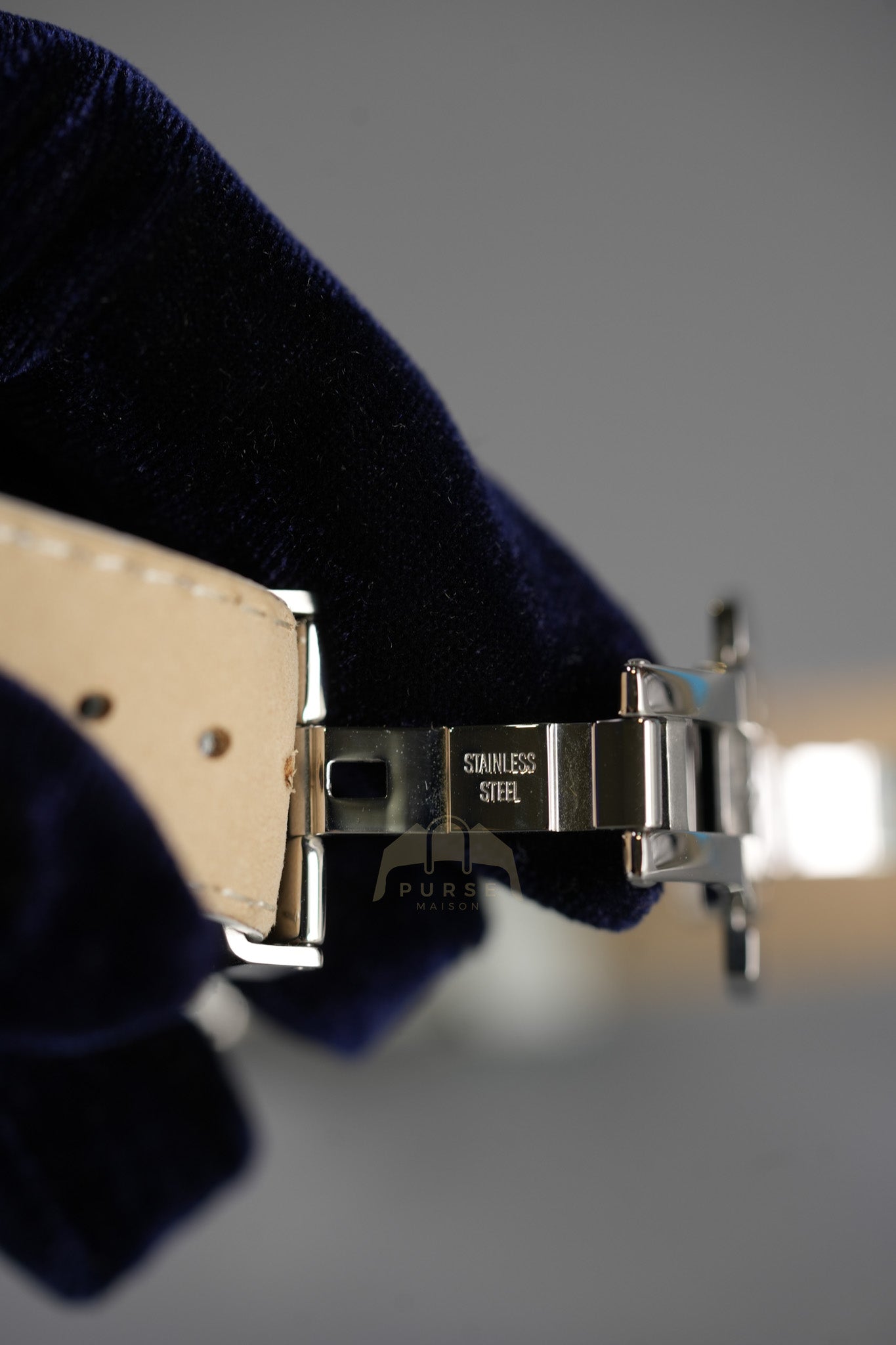 Evolution Mini Watch in Mother Pearl Dial & Diamond Steel Case on White Leather Strap | Purse Maison Luxury Bags Shop