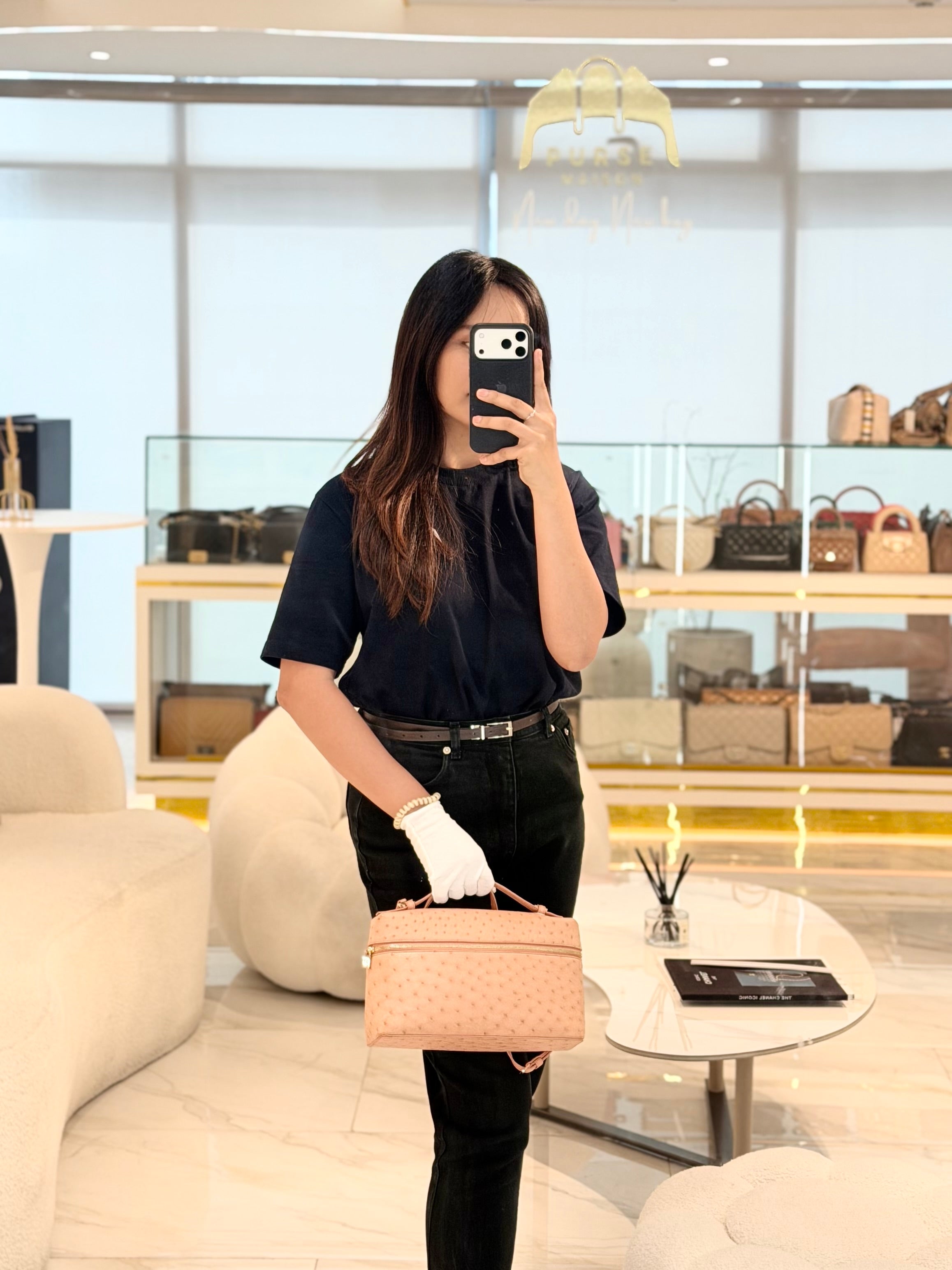 Extra Pocket L27 Pouch in Coral Pink Ostrich Leather & Gold Hardware | Purse Maison Luxury Bags Shop