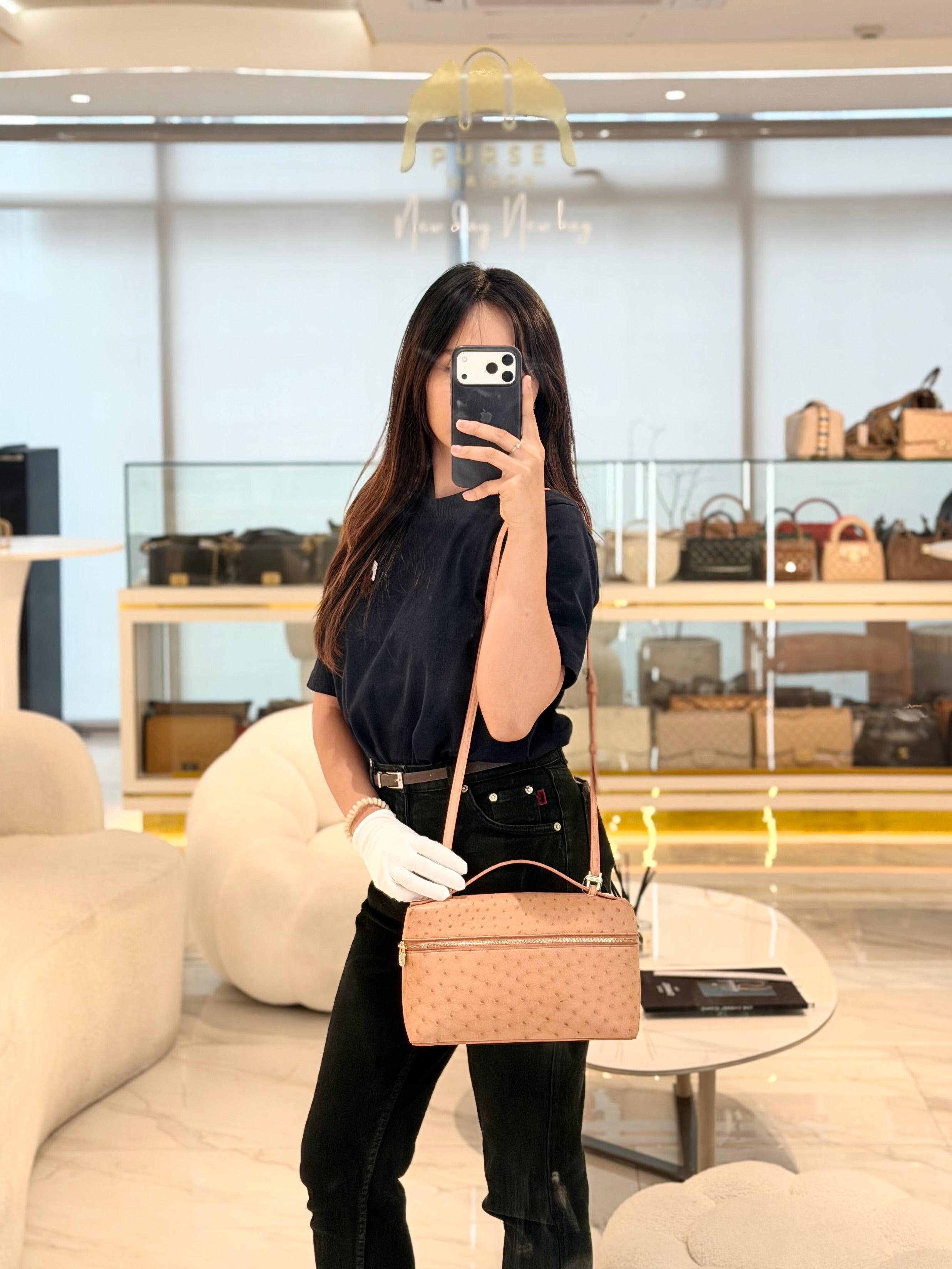 Extra Pocket L27 Pouch in Coral Pink Ostrich Leather & Gold Hardware | Purse Maison Luxury Bags Shop
