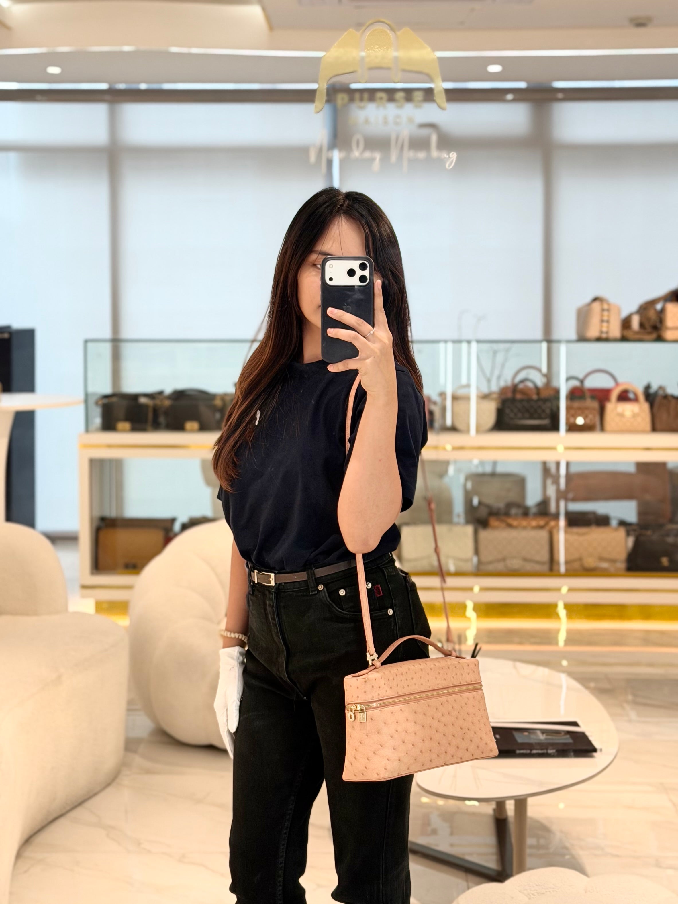 Extra Pocket L27 Pouch in Coral Pink Ostrich Leather & Gold Hardware | Purse Maison Luxury Bags Shop