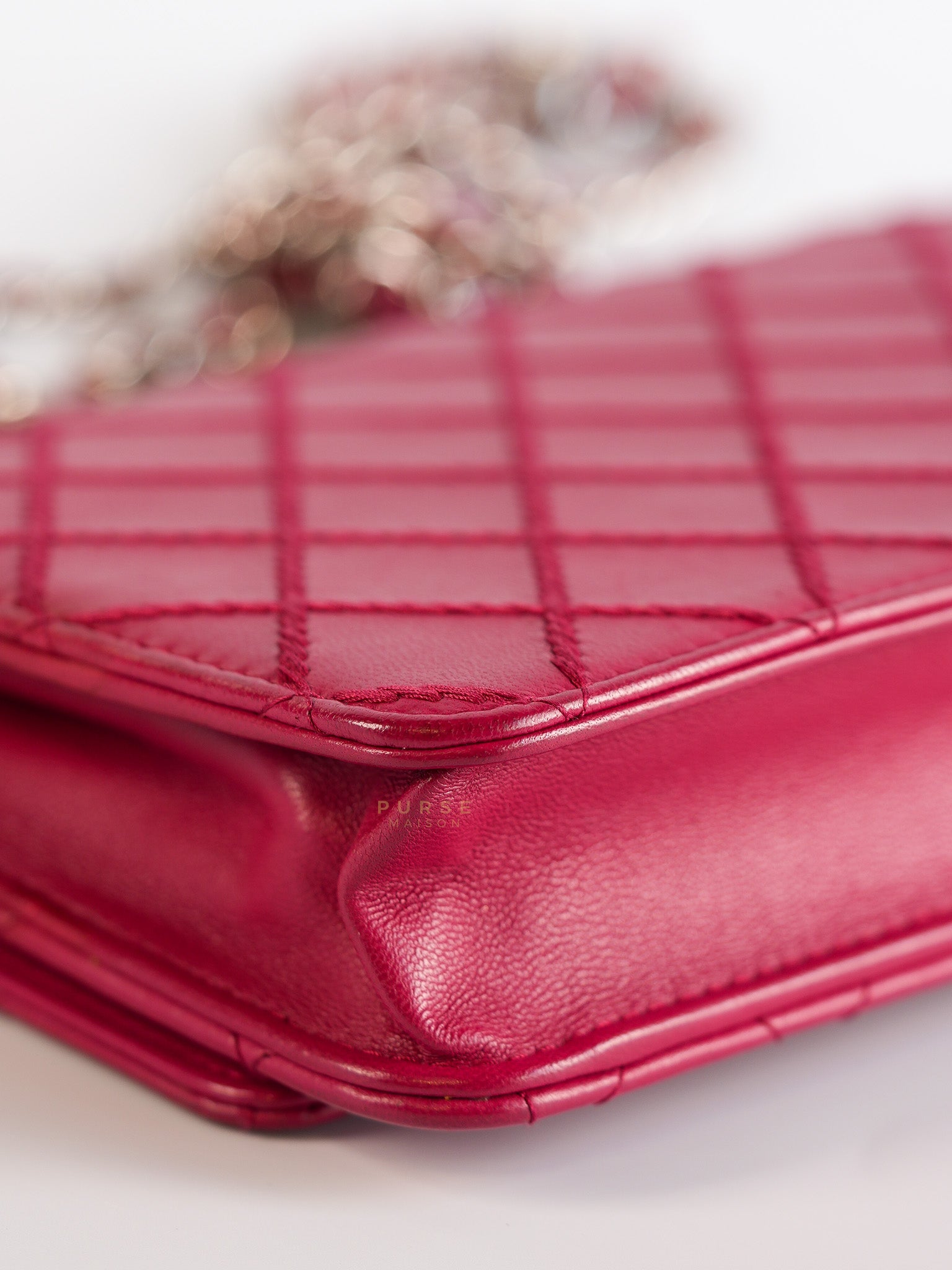 Fancy Wallet on Chain WOC Dark Pink Top Stitched Embroidered Lambskin Leather in Silver Hardware Series 19 | Purse Maison Luxury Bags Shop