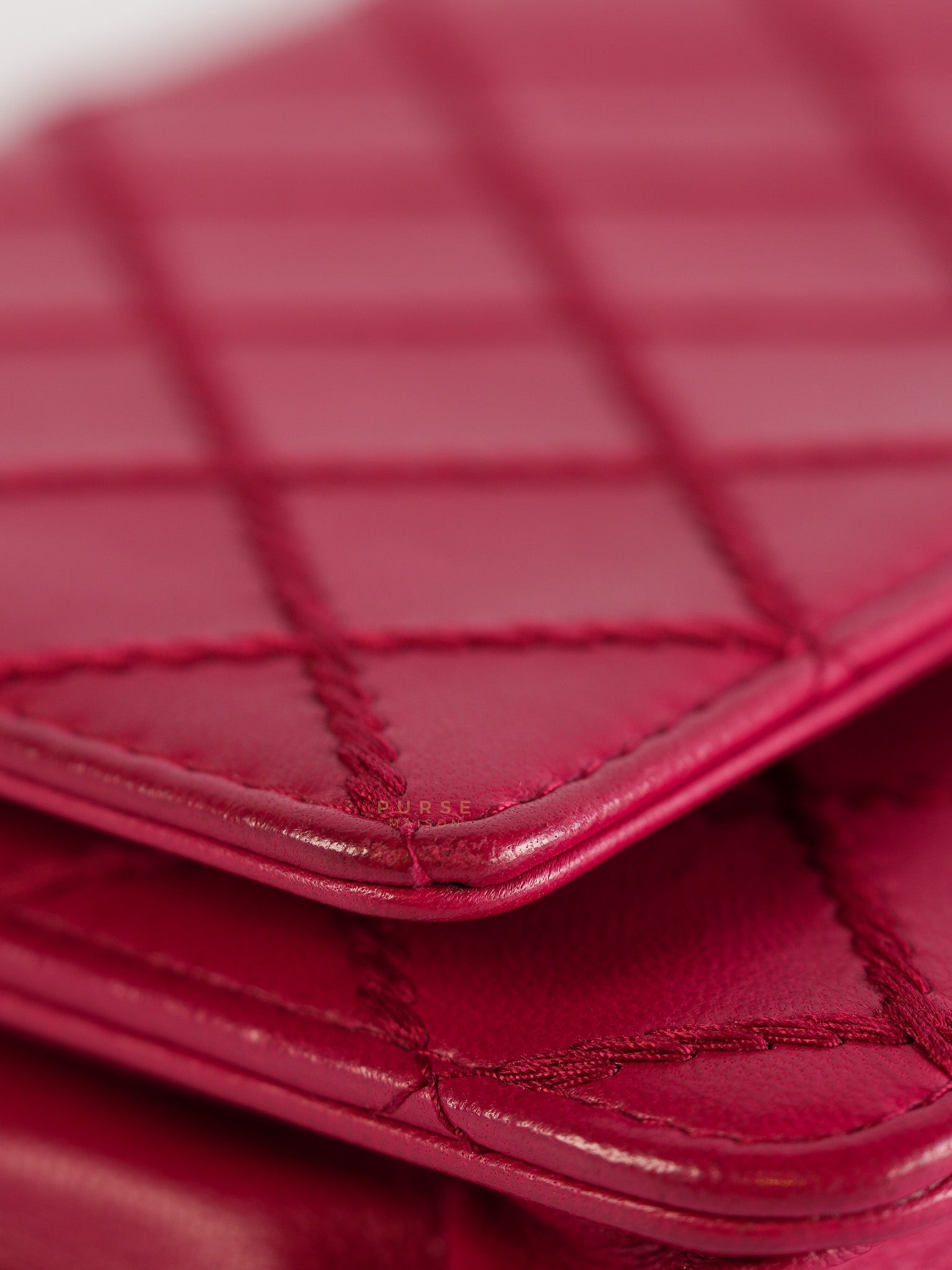 Fancy Wallet on Chain WOC Dark Pink Top Stitched Embroidered Lambskin Leather in Silver Hardware Series 19 | Purse Maison Luxury Bags Shop