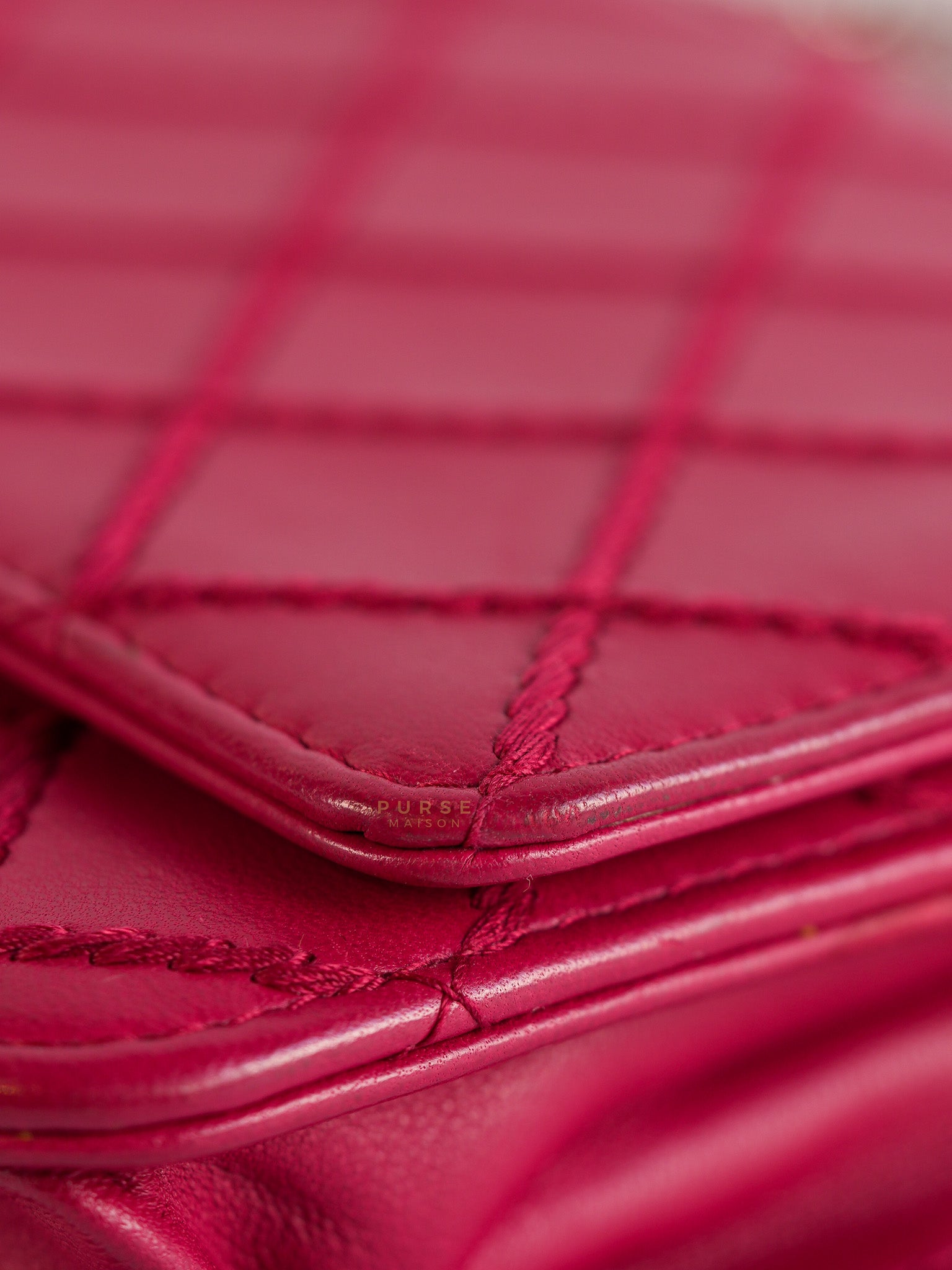 Fancy Wallet on Chain WOC Dark Pink Top Stitched Embroidered Lambskin Leather in Silver Hardware Series 19 | Purse Maison Luxury Bags Shop