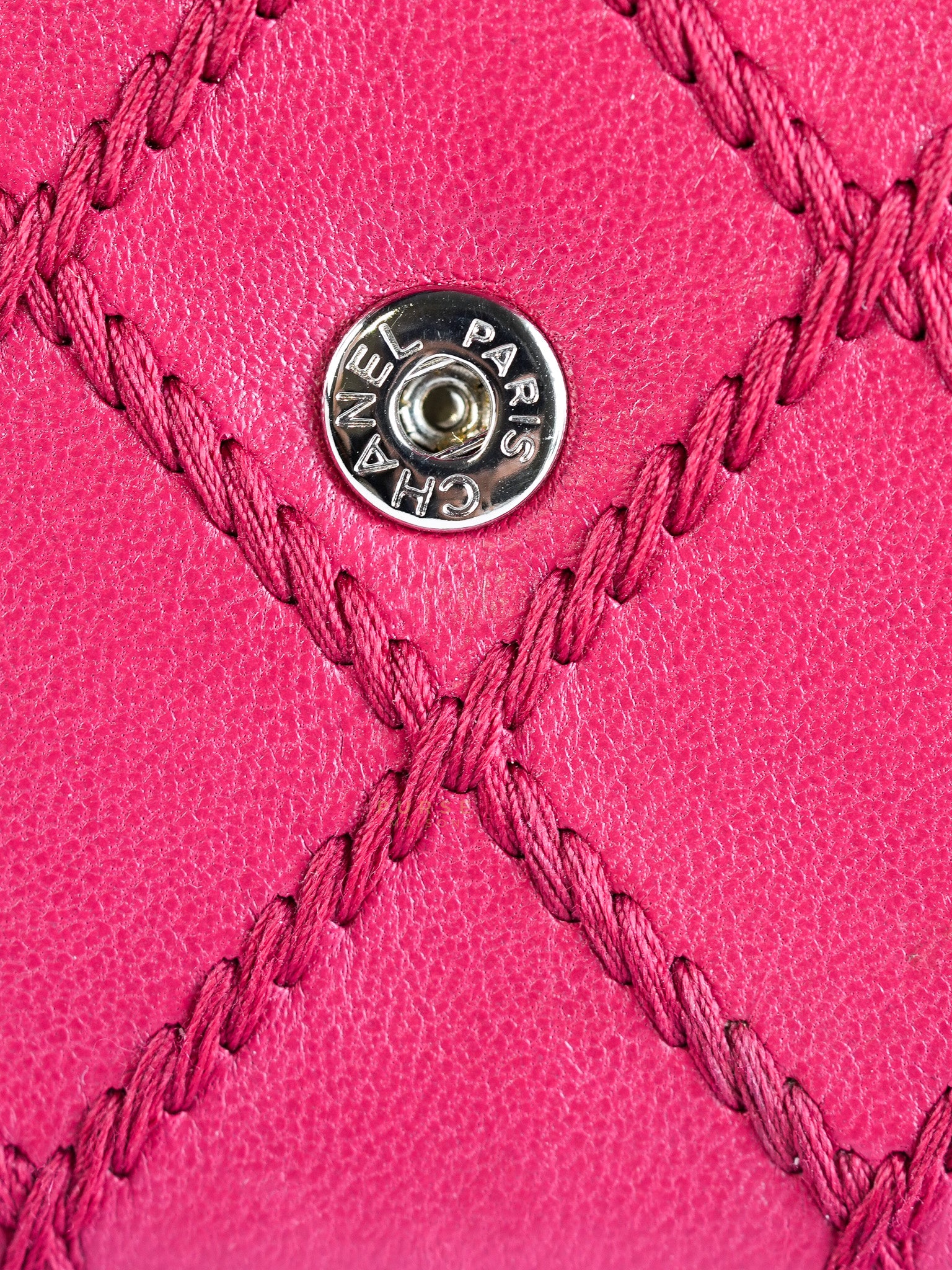 Fancy Wallet on Chain WOC Dark Pink Top Stitched Embroidered Lambskin Leather in Silver Hardware Series 19 | Purse Maison Luxury Bags Shop