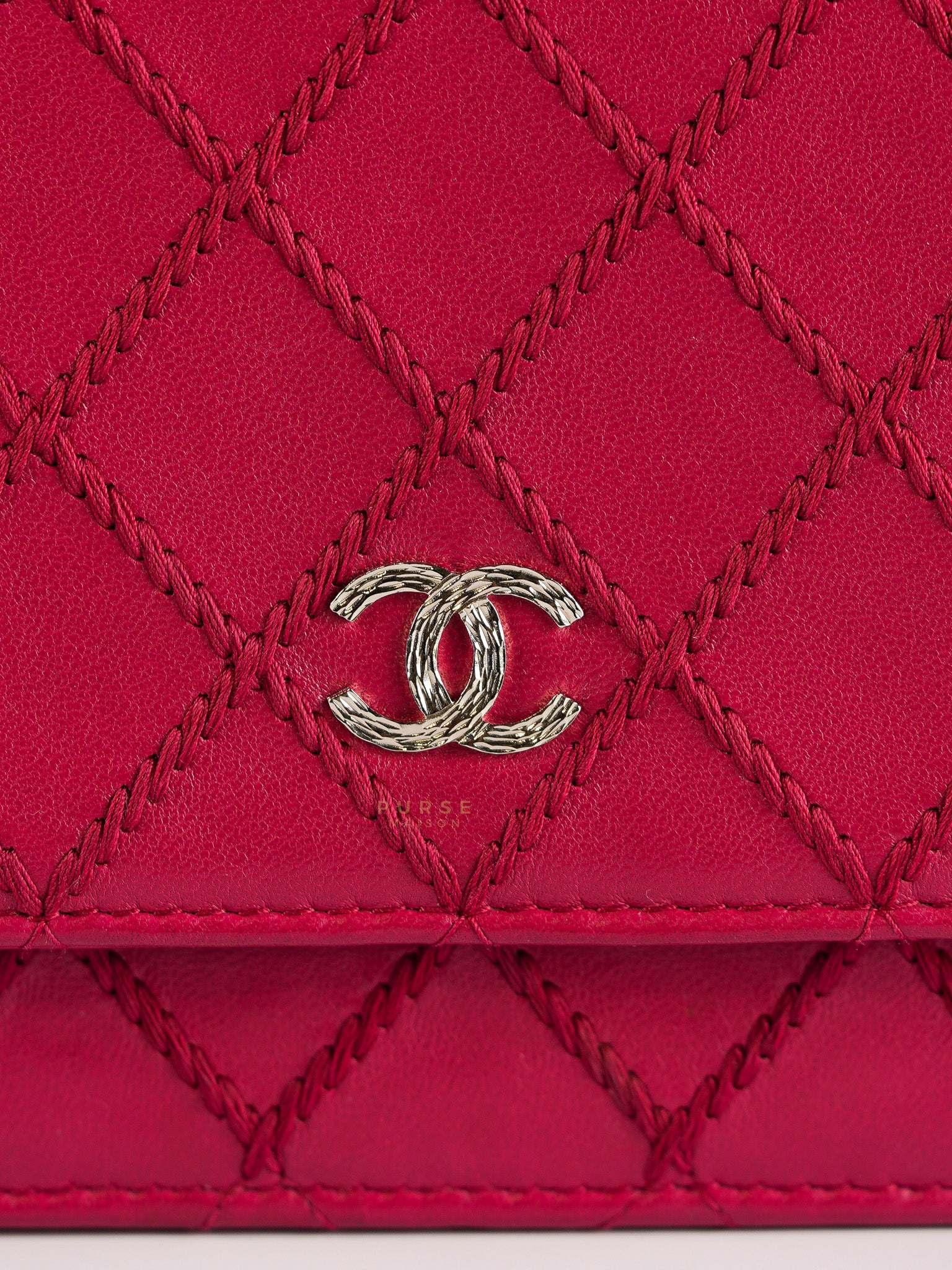 Fancy Wallet on Chain WOC Dark Pink Top Stitched Embroidered Lambskin Leather in Silver Hardware Series 19 | Purse Maison Luxury Bags Shop