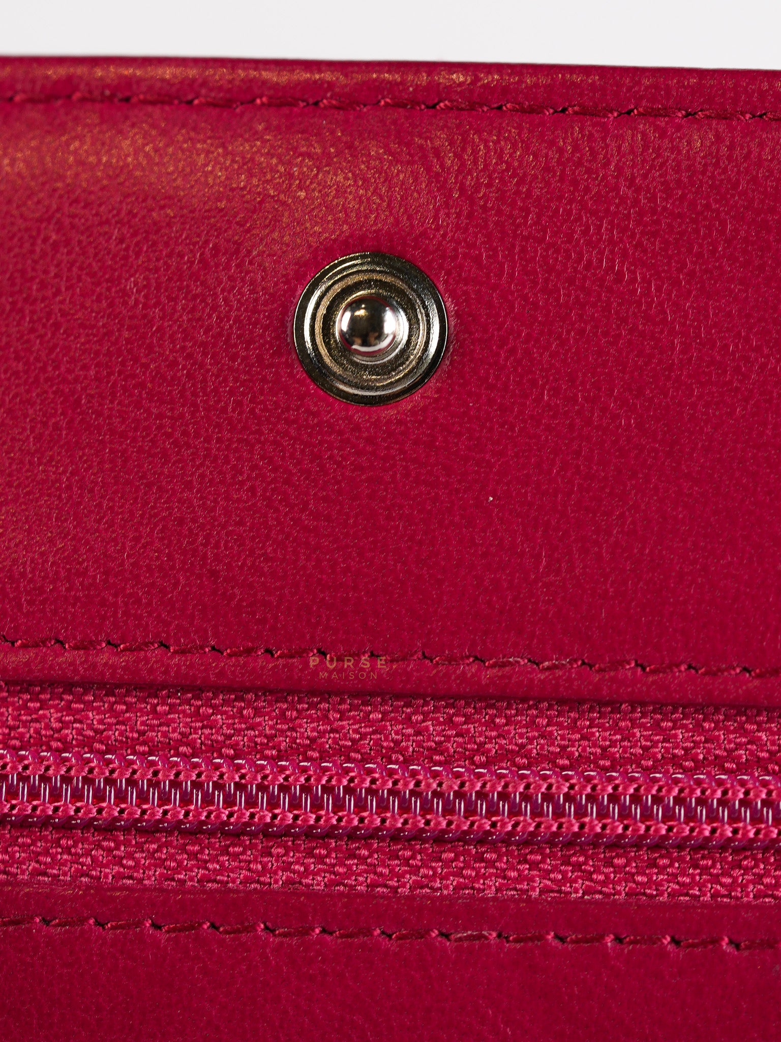 Fancy Wallet on Chain WOC Dark Pink Top Stitched Embroidered Lambskin Leather in Silver Hardware Series 19 | Purse Maison Luxury Bags Shop