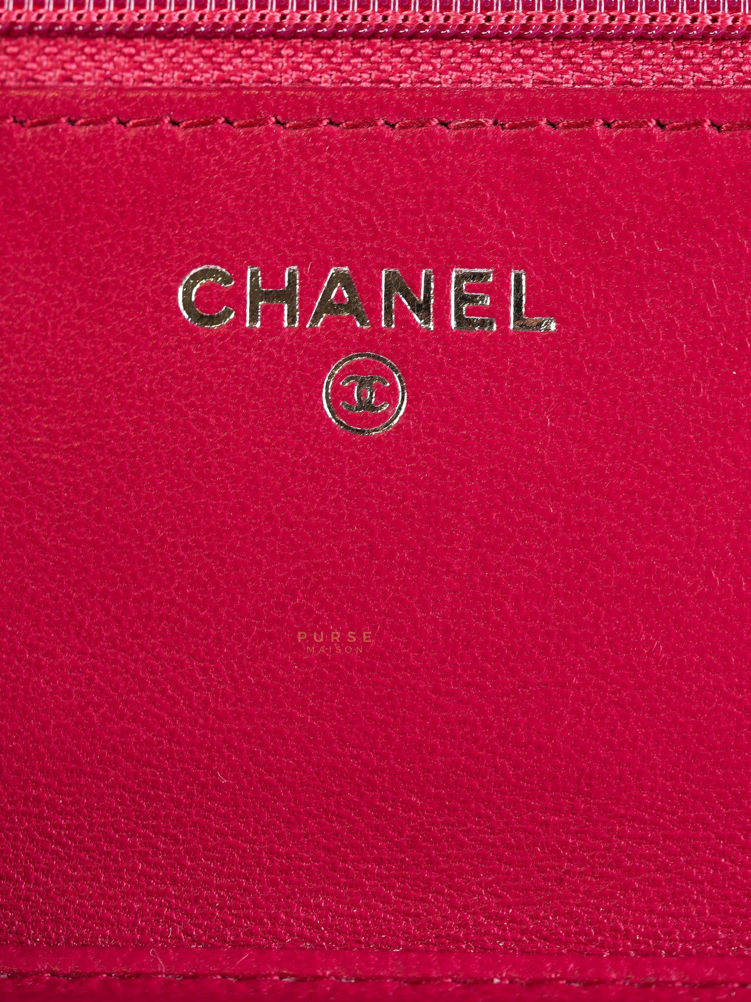 Fancy Wallet on Chain WOC Dark Pink Top Stitched Embroidered Lambskin Leather in Silver Hardware Series 19 | Purse Maison Luxury Bags Shop