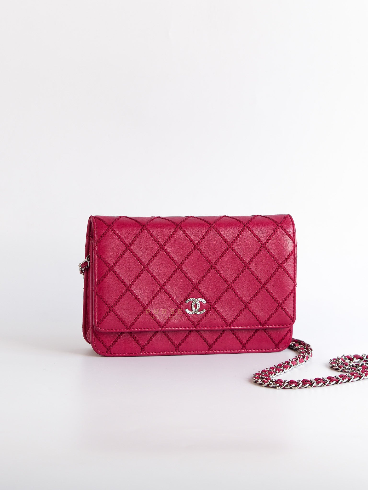 Fancy Wallet on Chain WOC Dark Pink Top Stitched Embroidered Lambskin Leather in Silver Hardware Series 19 | Purse Maison Luxury Bags Shop